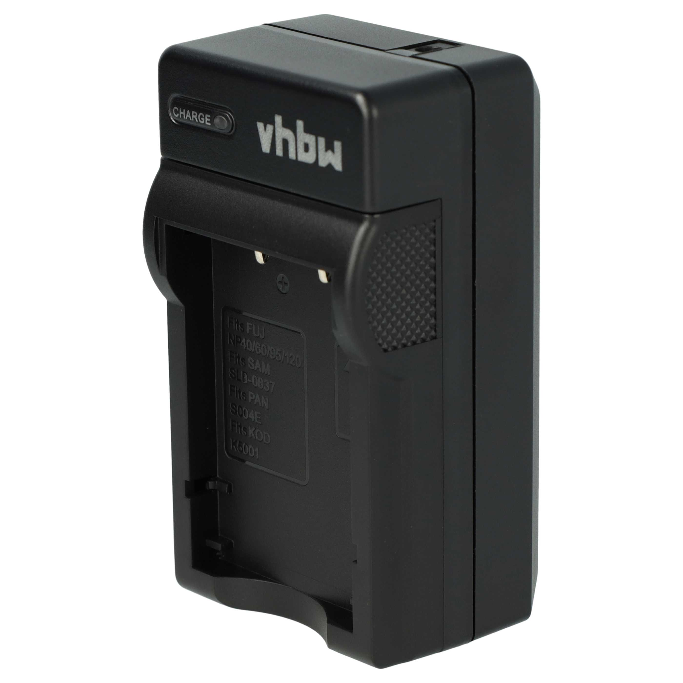 Ein schwarzes vhbw-Batterieladegerät mit einer 'CHARGE'-Anzeige. Es listet kompatible Batteriemodelle auf.