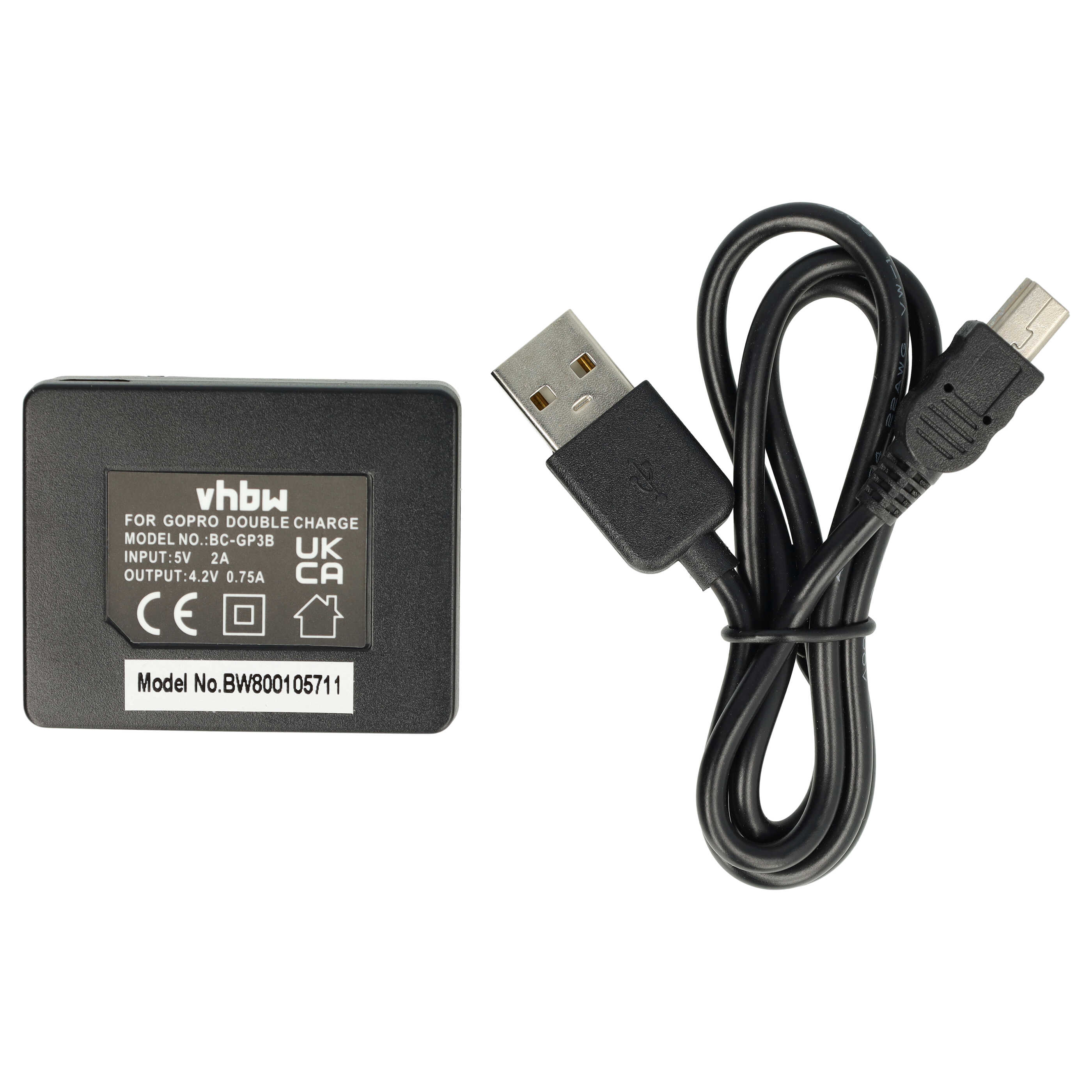 Ein schwarzes GoPro-Ladegerät und ein schwarzes USB-Kabel auf weißem Hintergrund. Das Ladegerät hat ein Etikett mit Text.