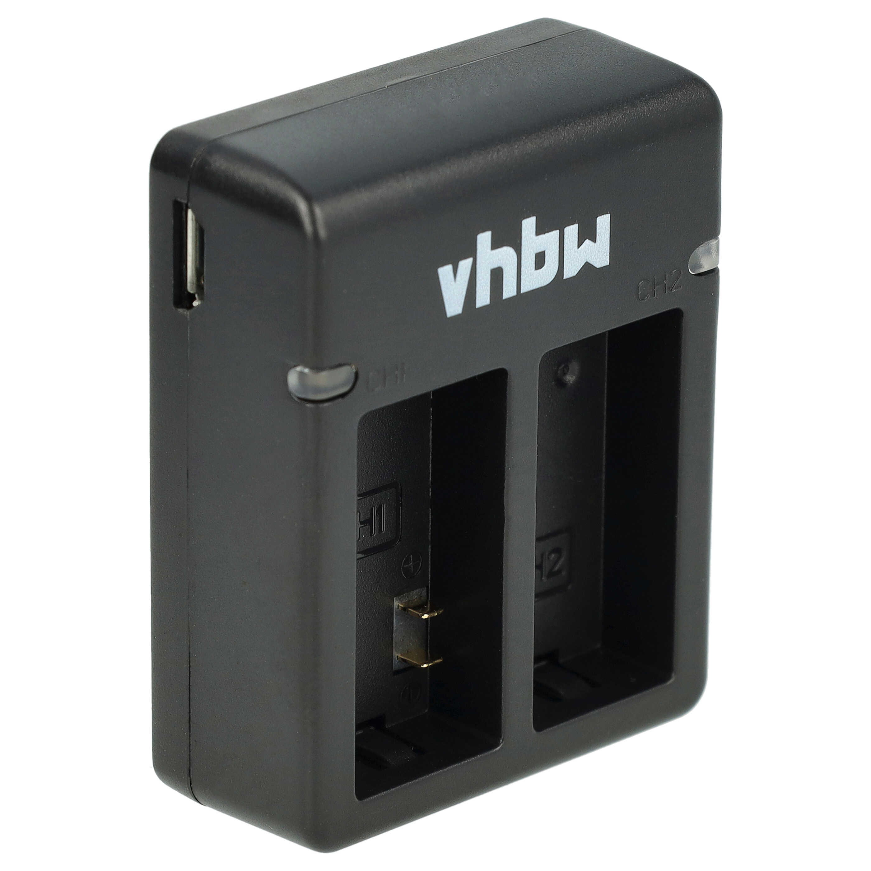 Schwarzes vhbw-Batterieladegerät mit zwei Steckplätzen. Hat CH1- und CH2-Markierungen. USB-Anschluss links.