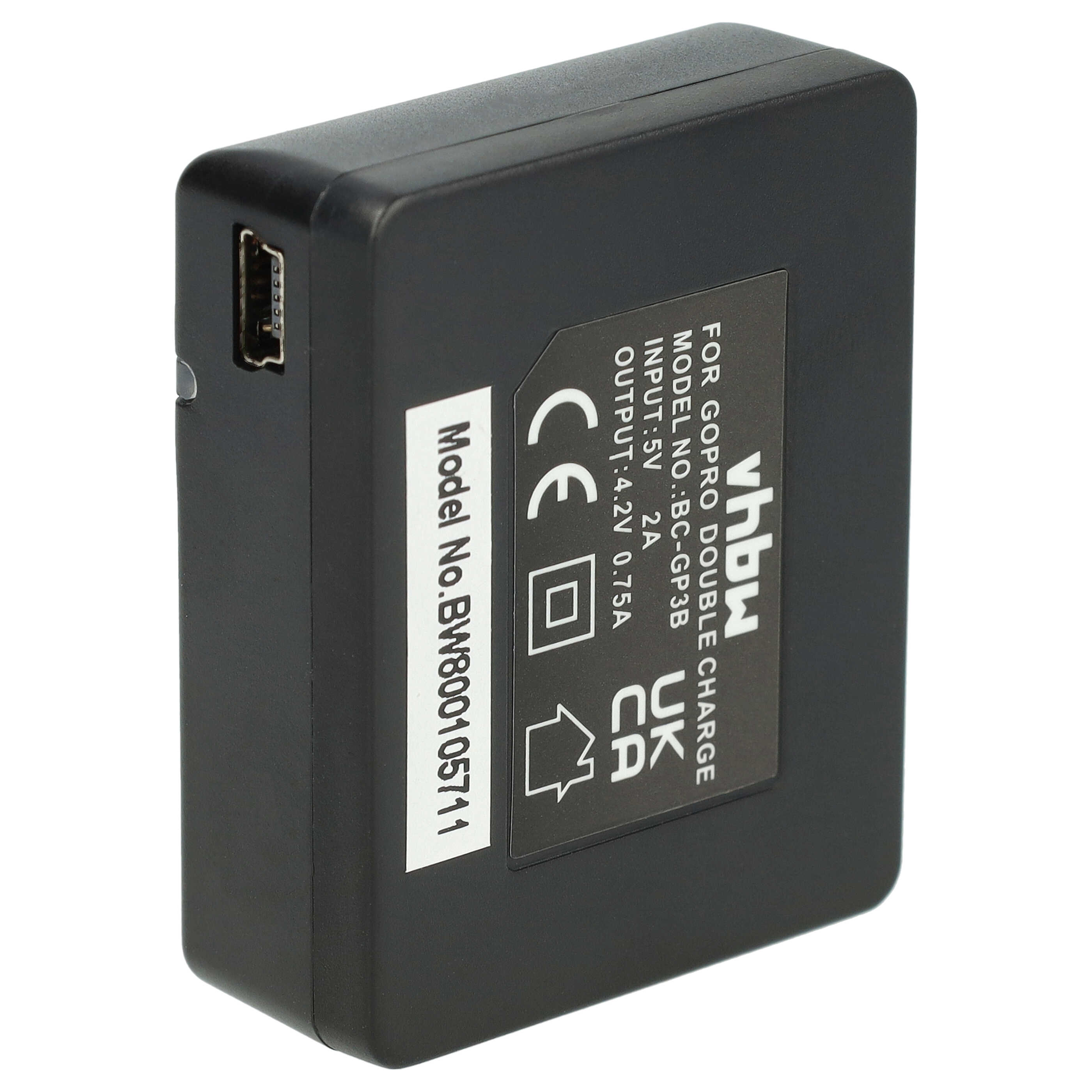 Schwarzes GoPro-Doppelladegerät mit weißem Text, der Modell, Eingang und Ausgang angibt. Enthält einen USB-Anschluss. Der Hintergrund ist weiß.