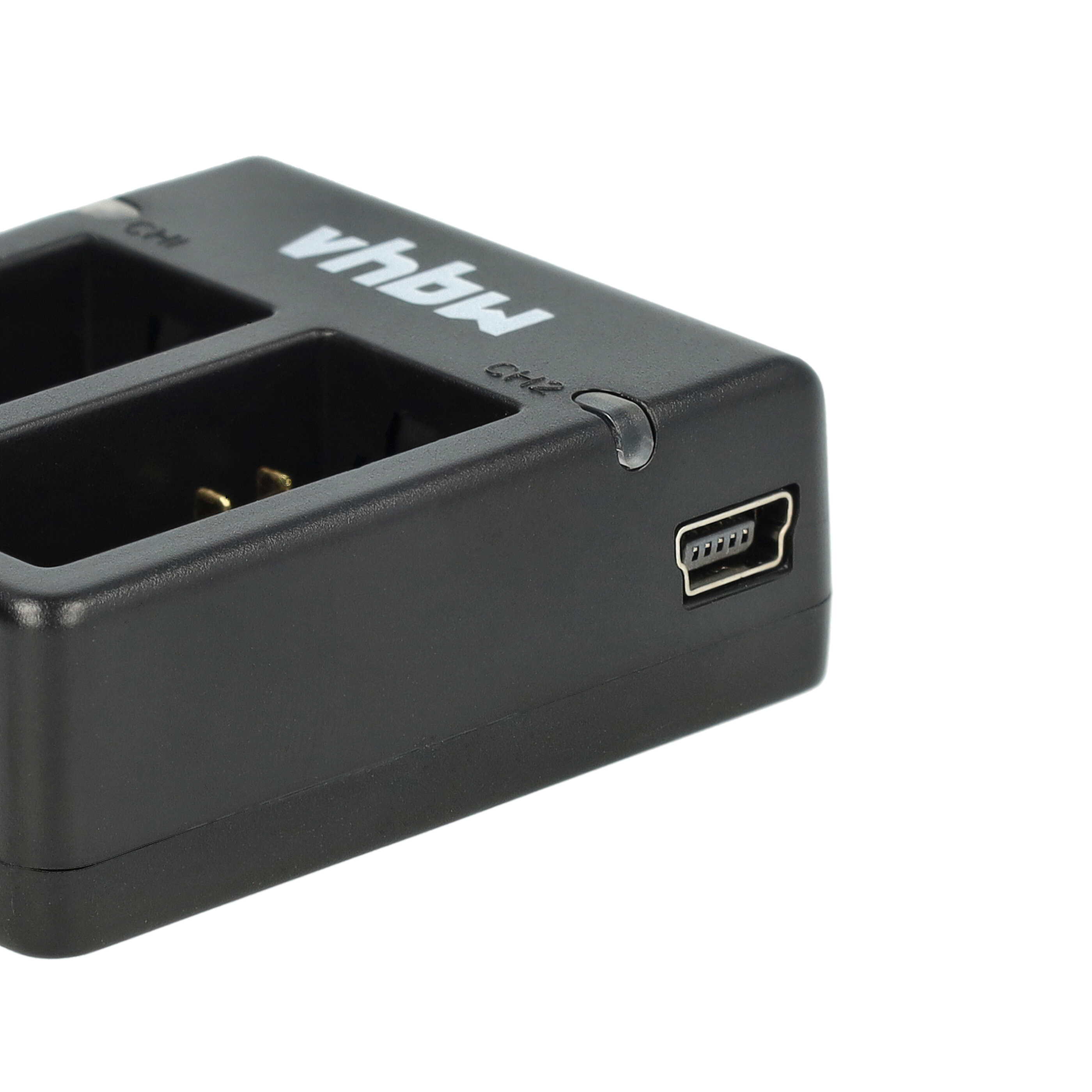 Ein schwarzes Batterieladegerät mit zwei Schlitzen, einem USB-Anschluss und dem Markennamen 'Mayya' auf weißem Hintergrund.