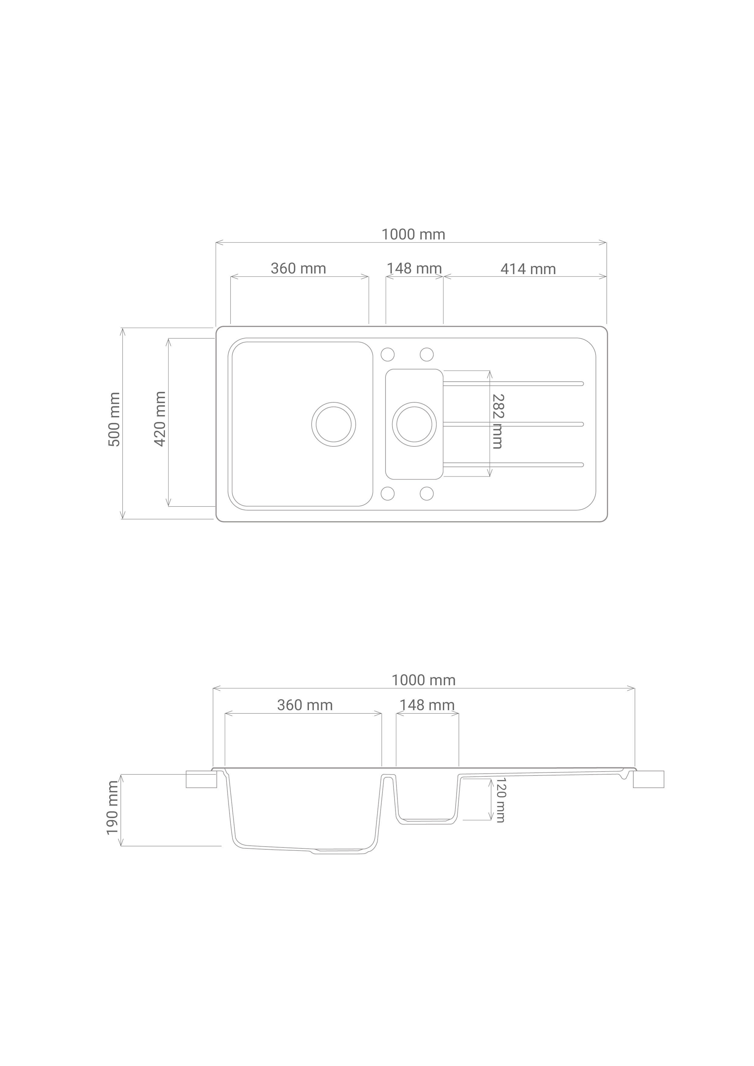 Disegno tecnico di un lavello da cucina con dimensioni. Vista dall'alto e laterale con misure in millimetri.