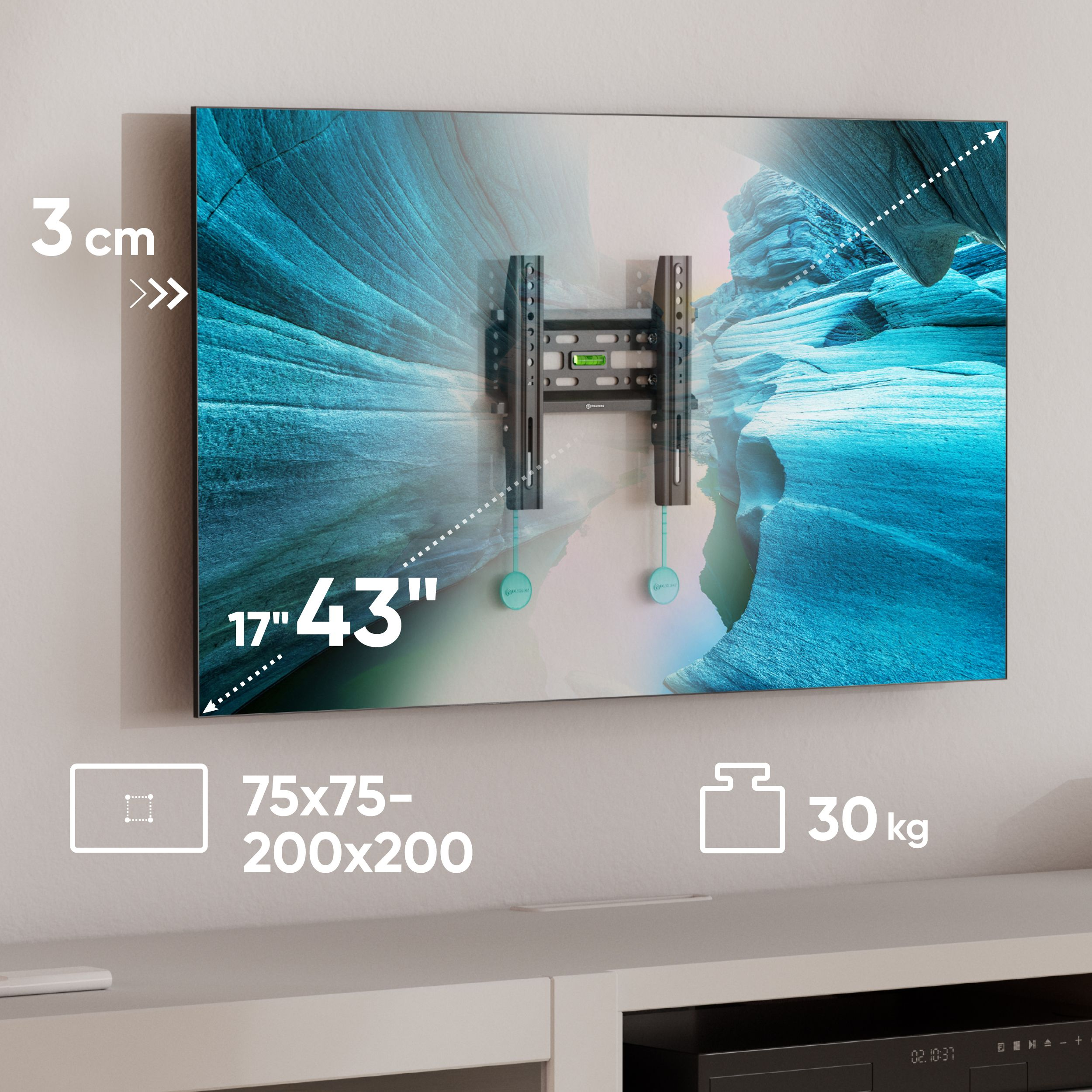 Uchwyt do telewizora na ścianie z niebieskim obrazem krajobrazu. Wskazano wymiary i udźwig.