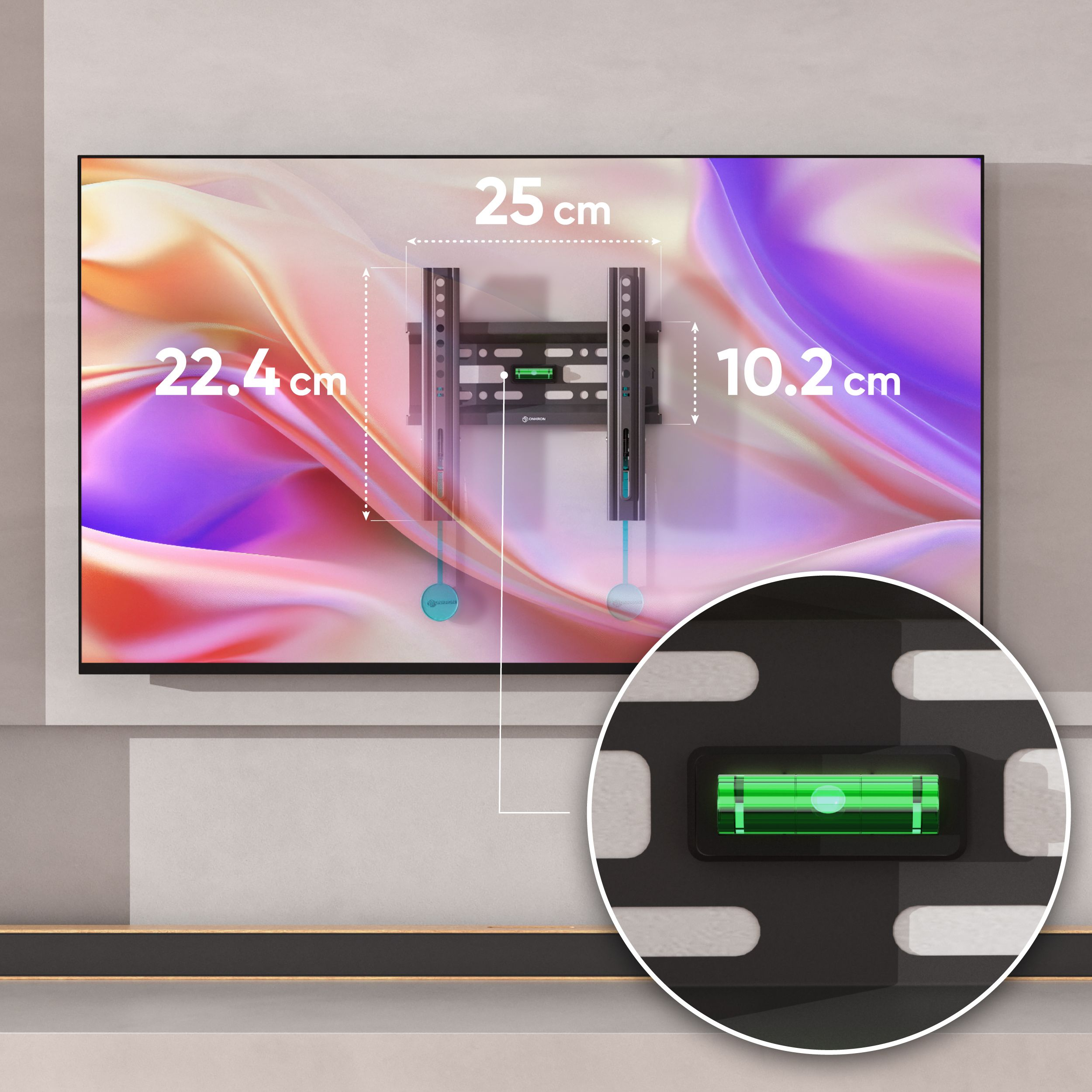 Uchwyt TV na ścianie, pokazane wymiary. Zbliżenie poziomicy z zielonym pęcherzykiem. Abstrakcyjne tło z fioletowymi i złotymi tonami.