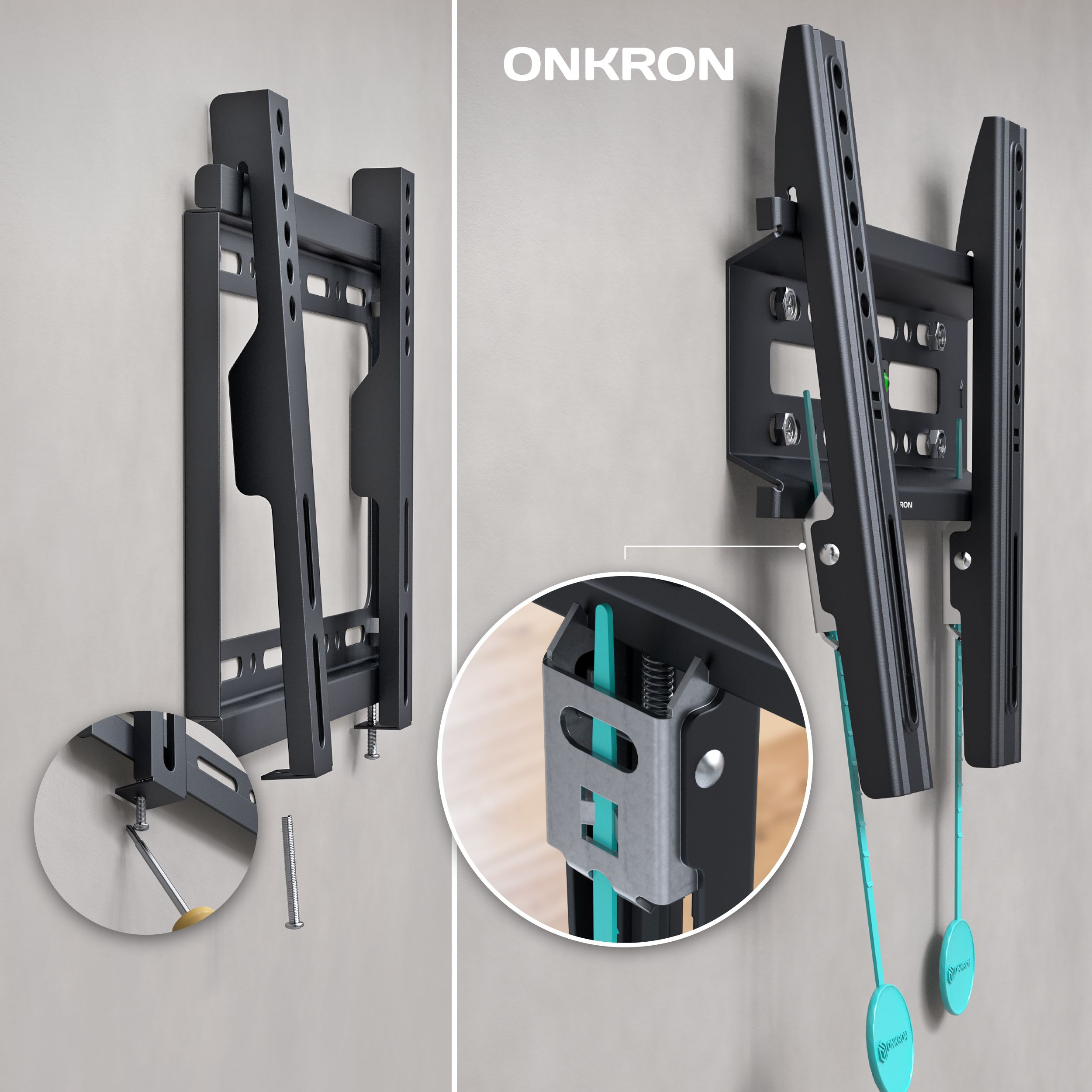 Czarny uchwyt ścienny do telewizora, ze zbliżeniami śrub i poziomnic, zamontowany na szarej ścianie. Marka to ONKRON.