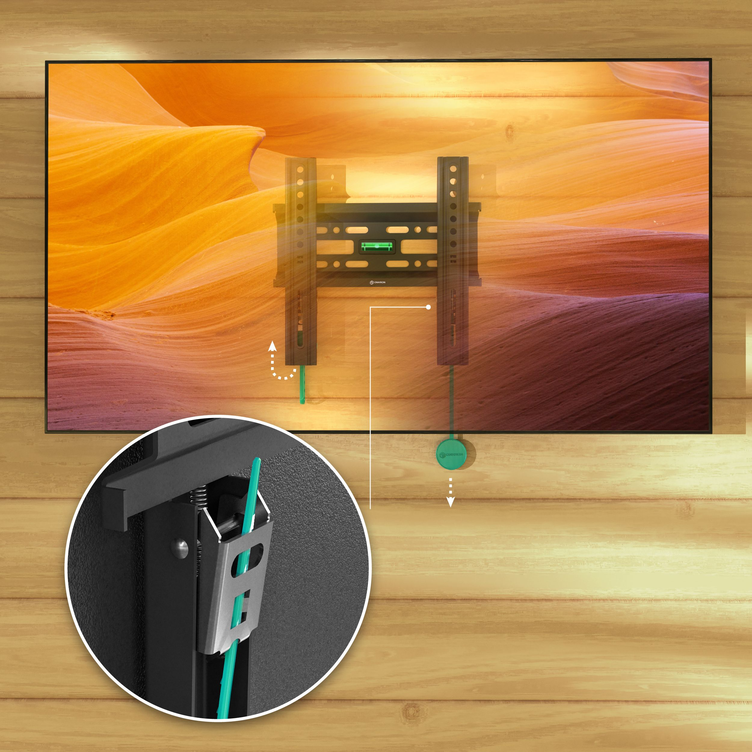 Uchwyt TV na drewnianym tle. Ekran pokazuje pomarańczowy krajobraz. Zbliżenie mocowania TV.