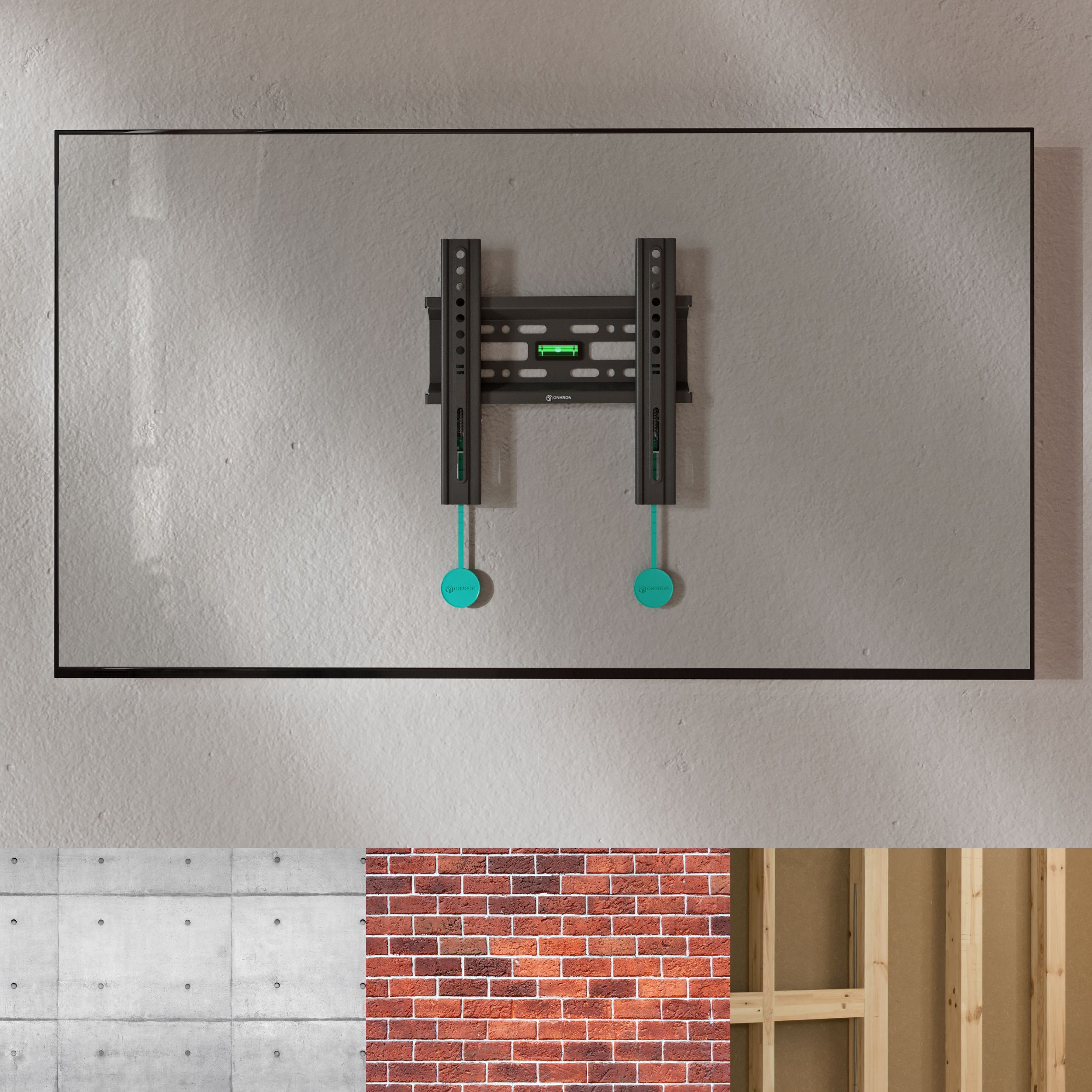Czarny uchwyt do telewizora jest zamontowany na teksturowanej ścianie. Uchwyt ma zielone wskaźniki poziomu i turkusowe elementy wiszące.