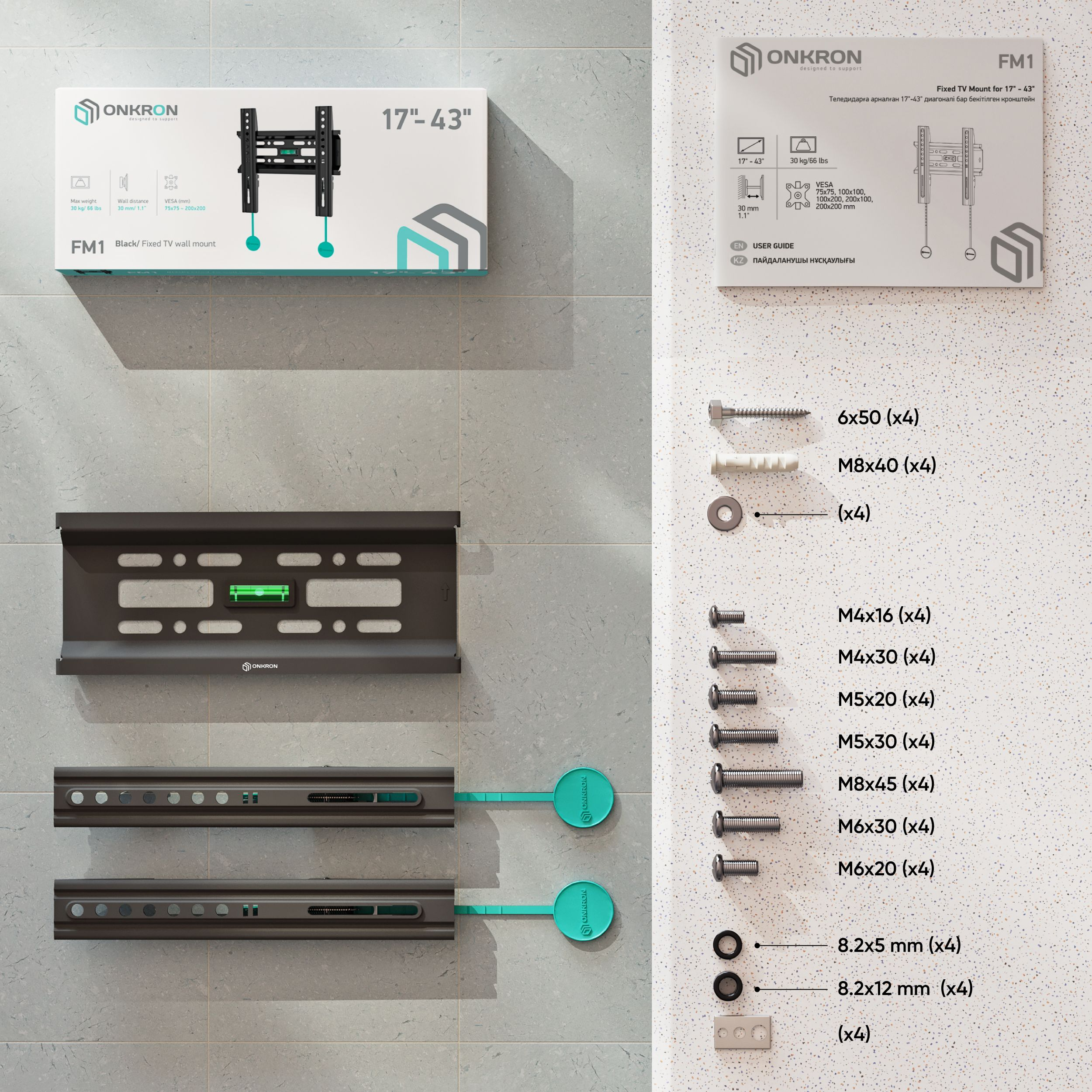 Czarny zestaw do montażu TV na ścianie ze śrubami, podkładkami i poziomicą na jasnej powierzchni.