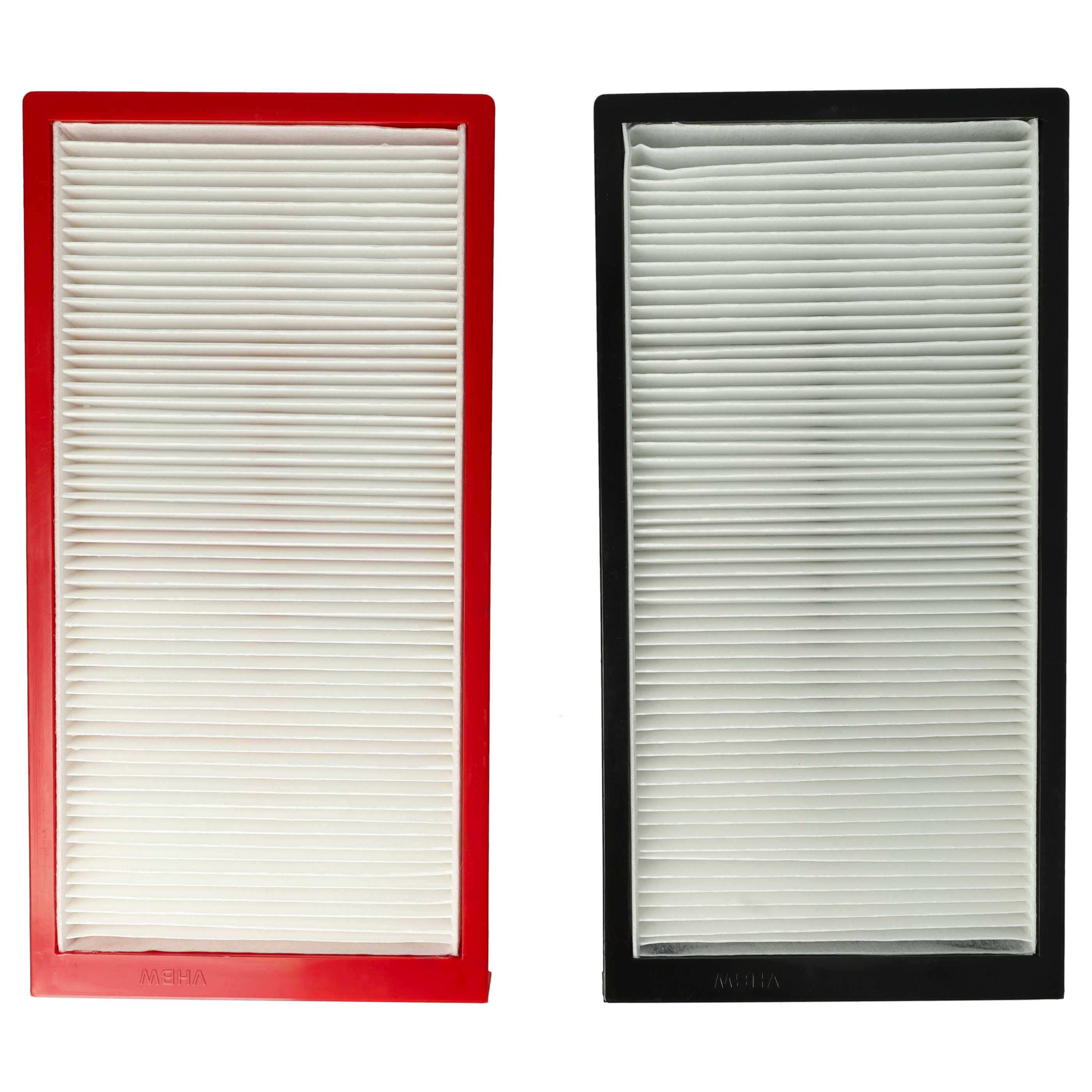 Zwei Luftfilter, einer rot umrandet, einer schwarz umrandet, beide mit weißem, plissiertem Filtermaterial, nebeneinander.