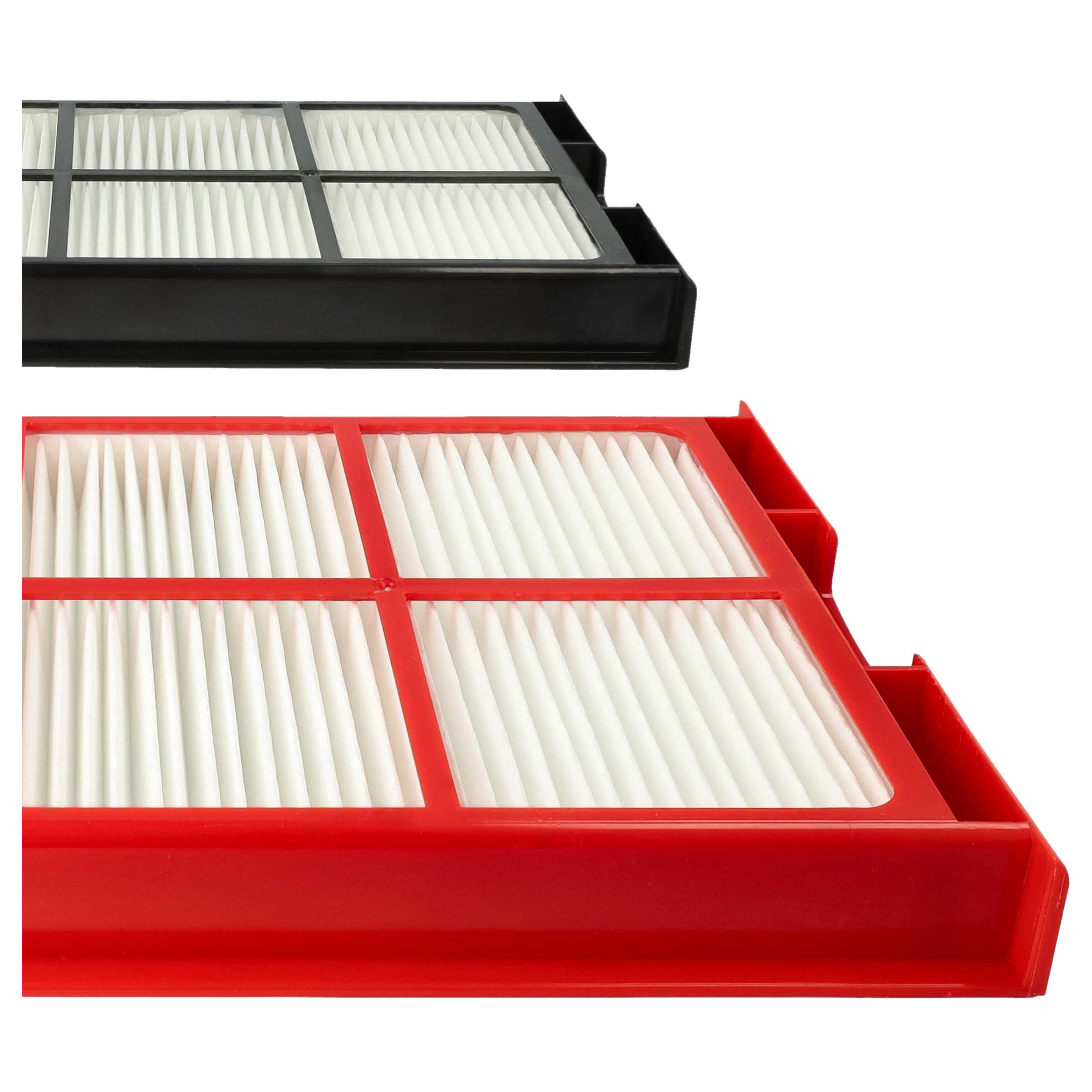 Zwei Luftfilter, einer schwarz und einer rot, vor weißem Hintergrund. Die Filter haben weißes, plissiertes Material.