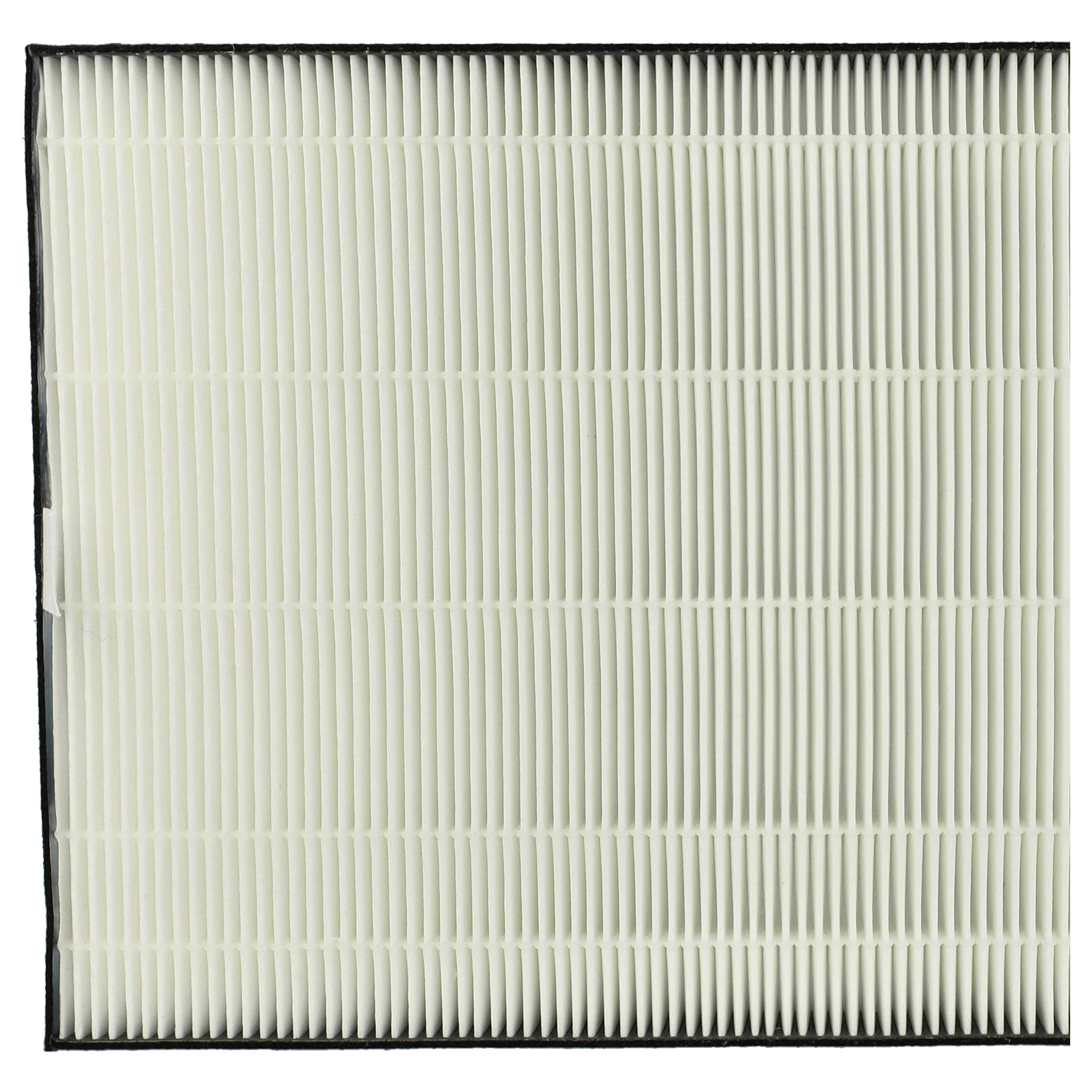 Ein weißer Luftfilter mit vertikalen Rippen. Er ist rechteckig mit einem schwarzen Rahmen. Der Filter ist sauber und neu.