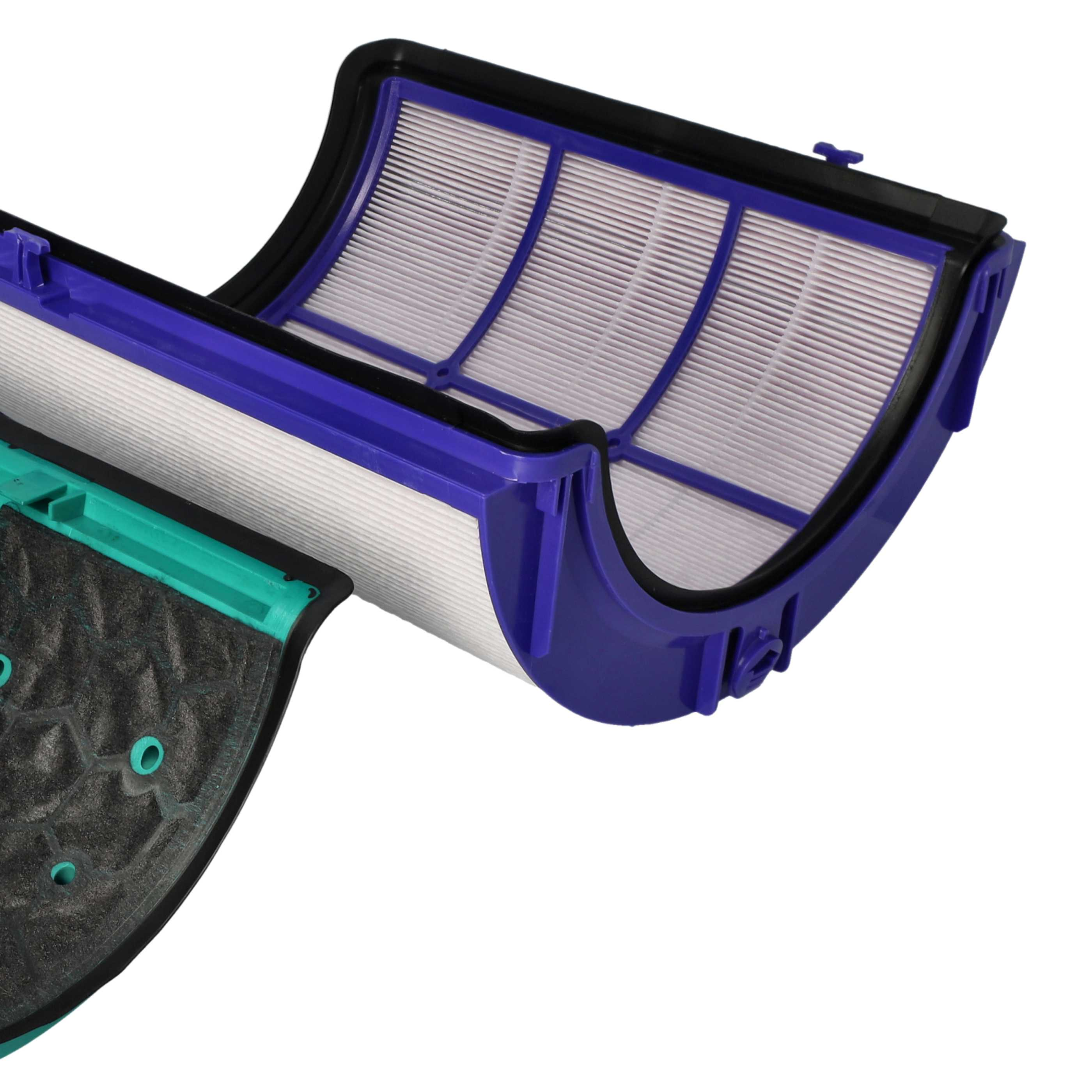 Ein Staubsaugerfilter, bestehend aus weißem, gefaltetem Filterpapier in einem blauen Kunststoffrahmen und einer grünen Basis.