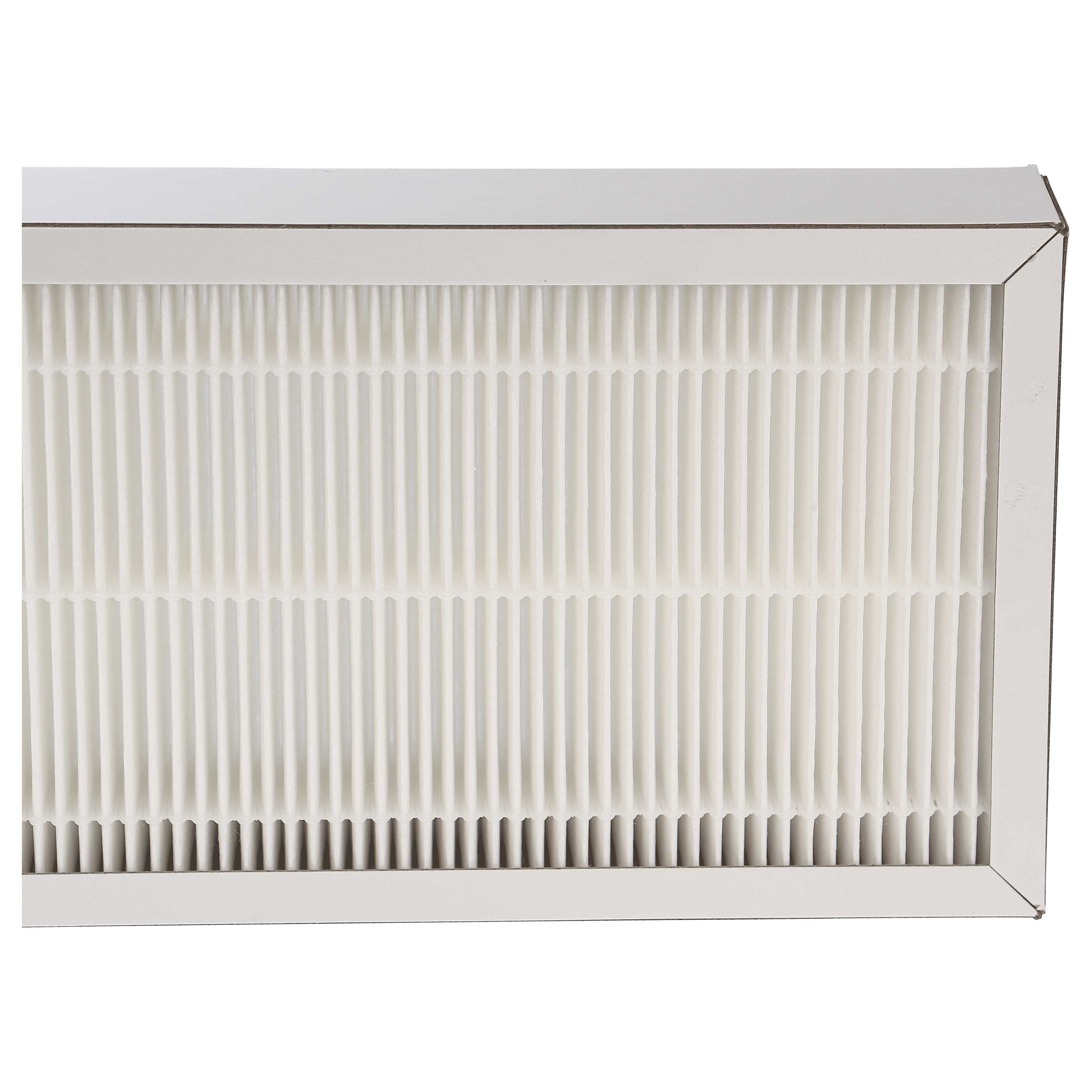 Ein weißer Luftfilter mit vertikalen Rippen in einem weißen Rahmen. Der Filter ist sauber und neu.