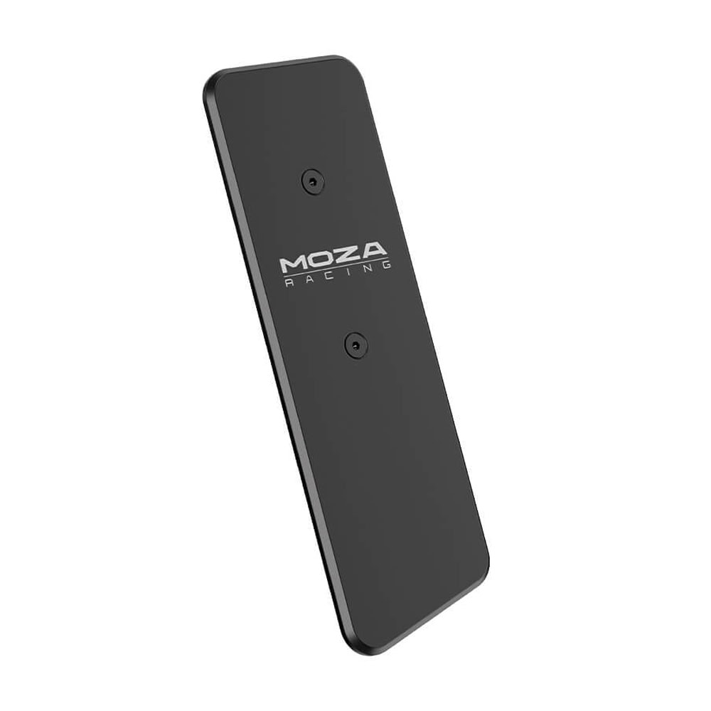 Un appareil rectangulaire noir aux coins arrondis, logo MOZA RACING et deux détails circulaires. Incliné sur fond blanc.