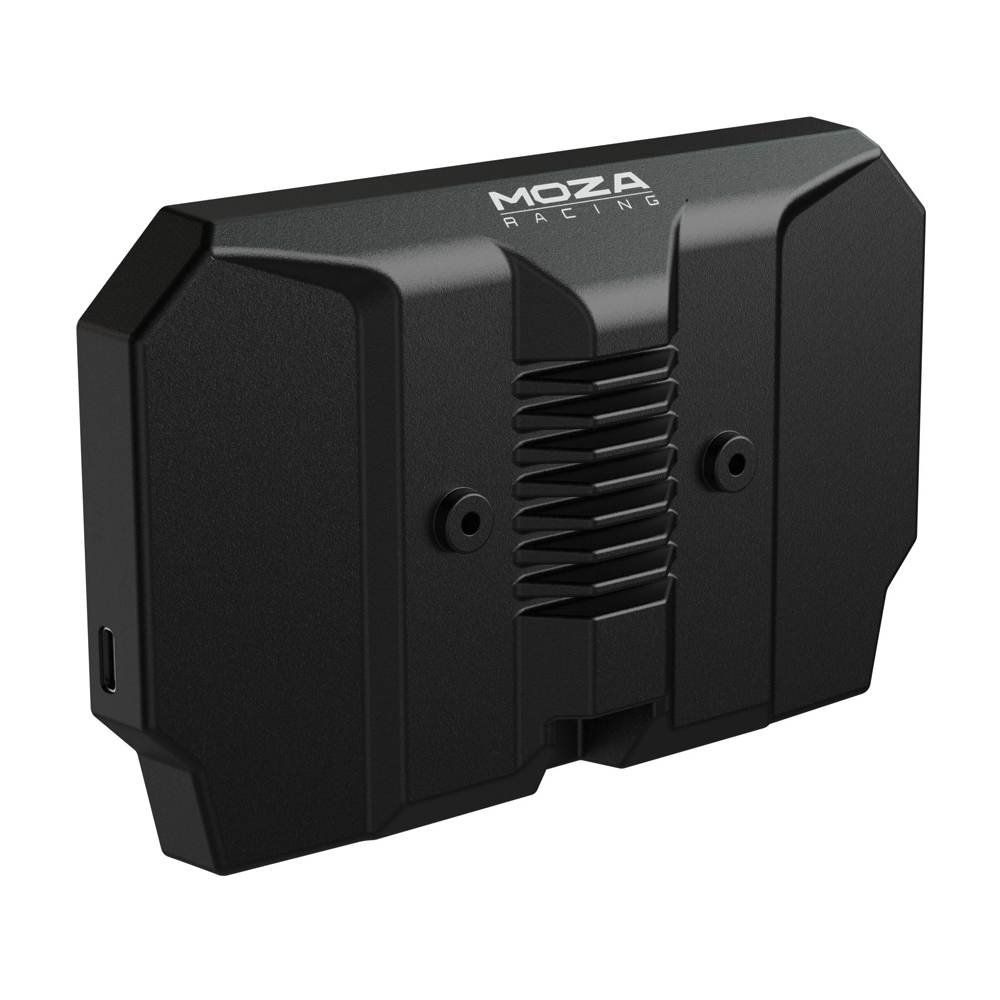Un appareil rectangulaire noir avec le logo MOZA RACING. Il a un côté nervuré, des coins arrondis et des ports. Il est isolé sur fond blanc.
