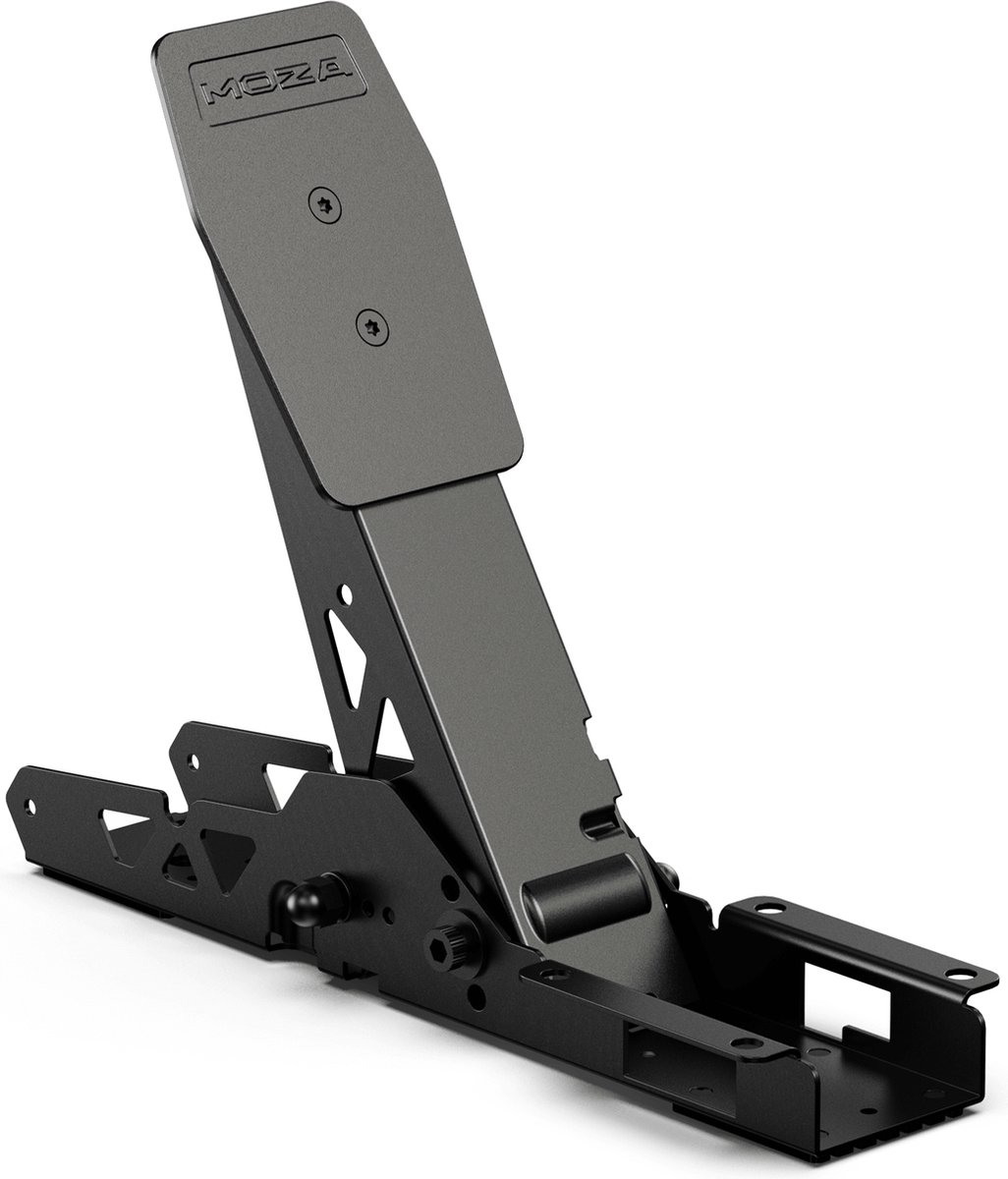 Eine schwarze Metall-MOZA-Halterung mit einem rechteckigen oberen Abschnitt und abgewinkelter Stütze. Sie hat mehrere Löcher und Verbindungspunkte.