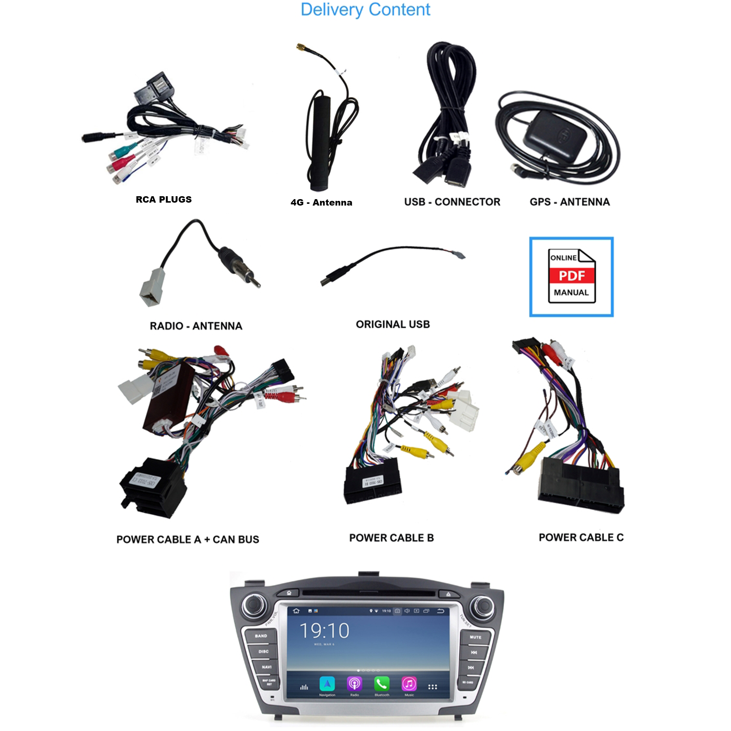 Das Bild zeigt Autoradio-Komponenten, einschließlich Kabel, Antennen und einen Bildschirm mit Uhrzeit und App-Symbolen.