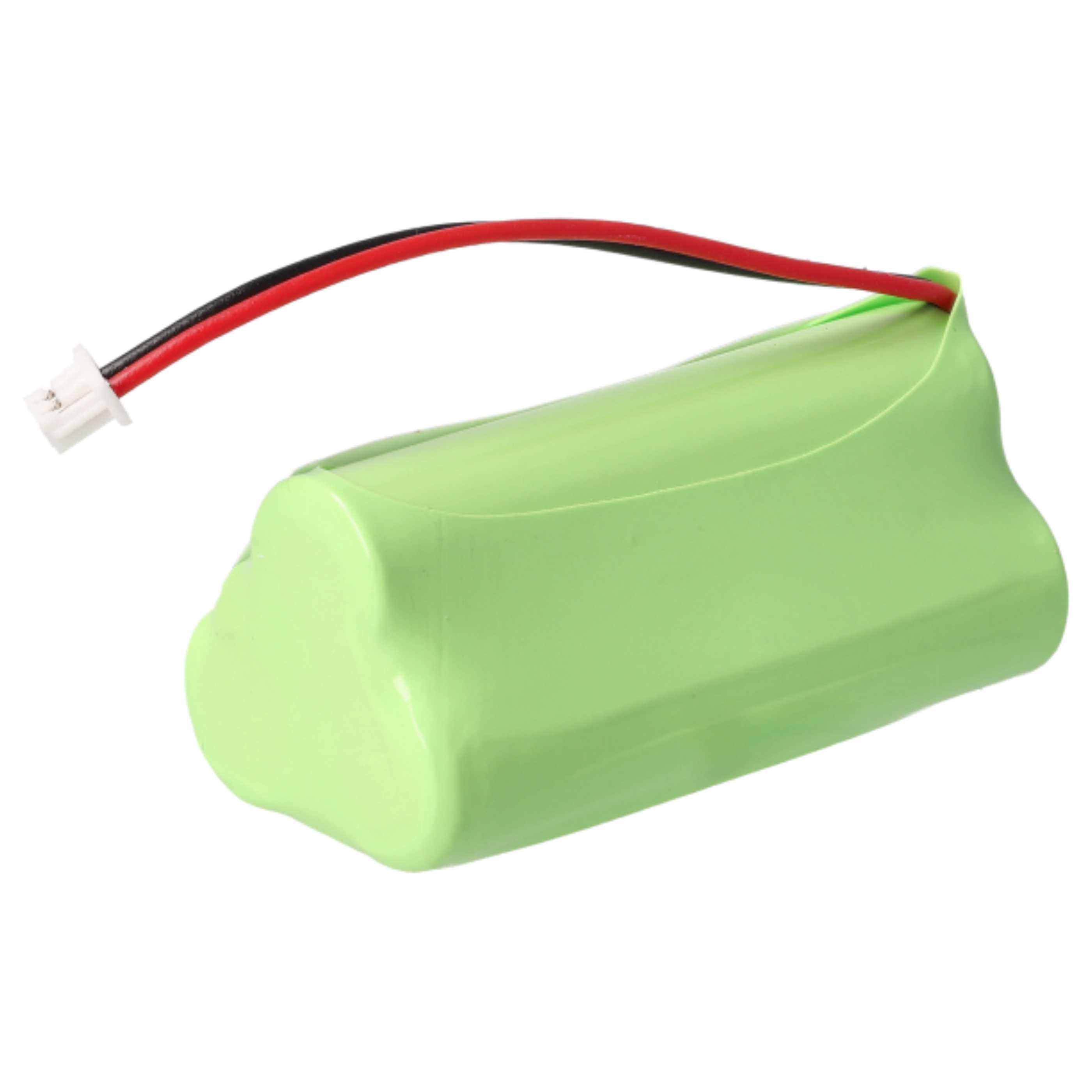 Eine grüne Batterie mit roten und schwarzen Drähten, die an einem weißen Stecker befestigt sind. Der Hintergrund ist weiß.