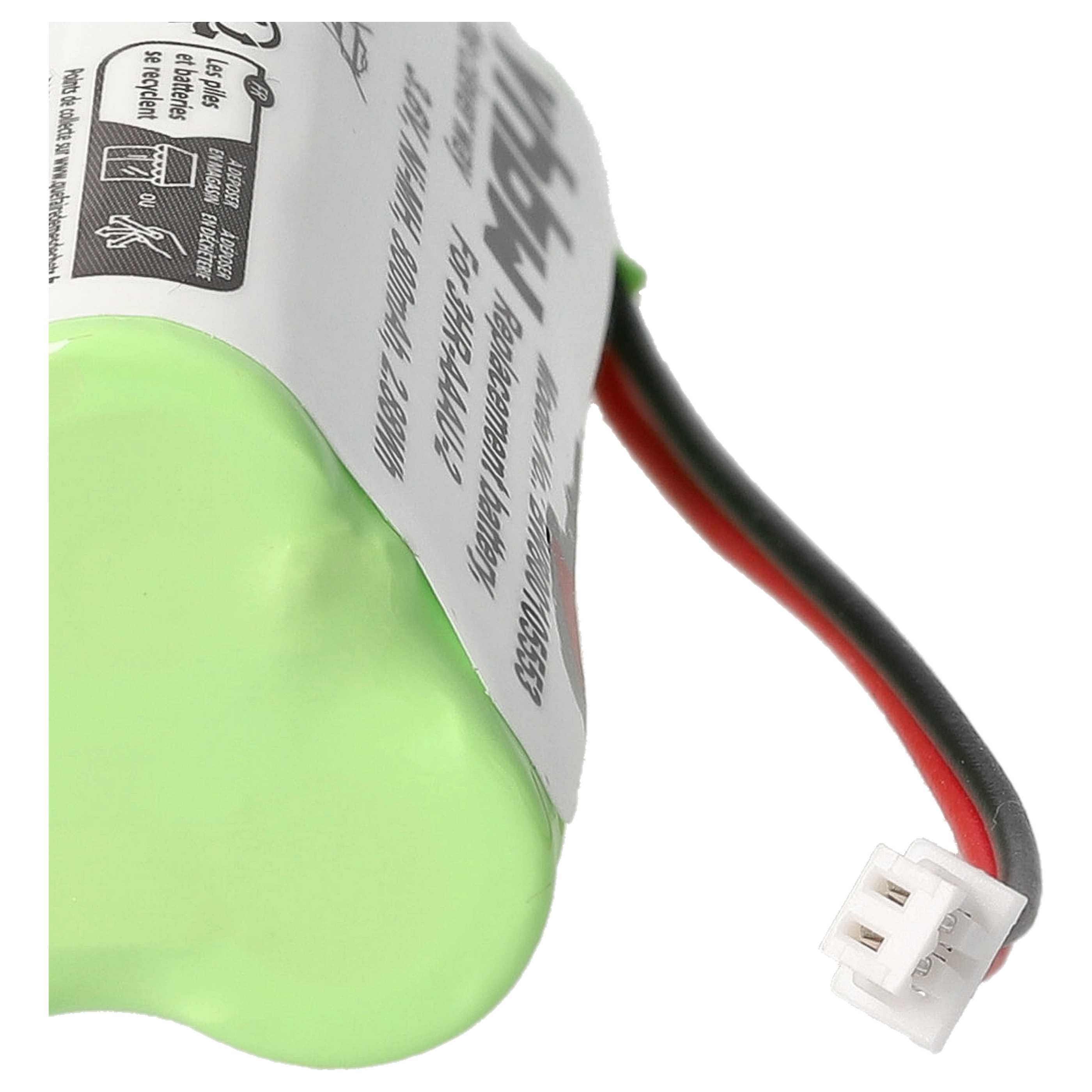 Ein grünes Akkupack mit schwarzen und roten Drähten, die an einem weißen Stecker befestigt sind. Die Batterie hat Textetiketten.