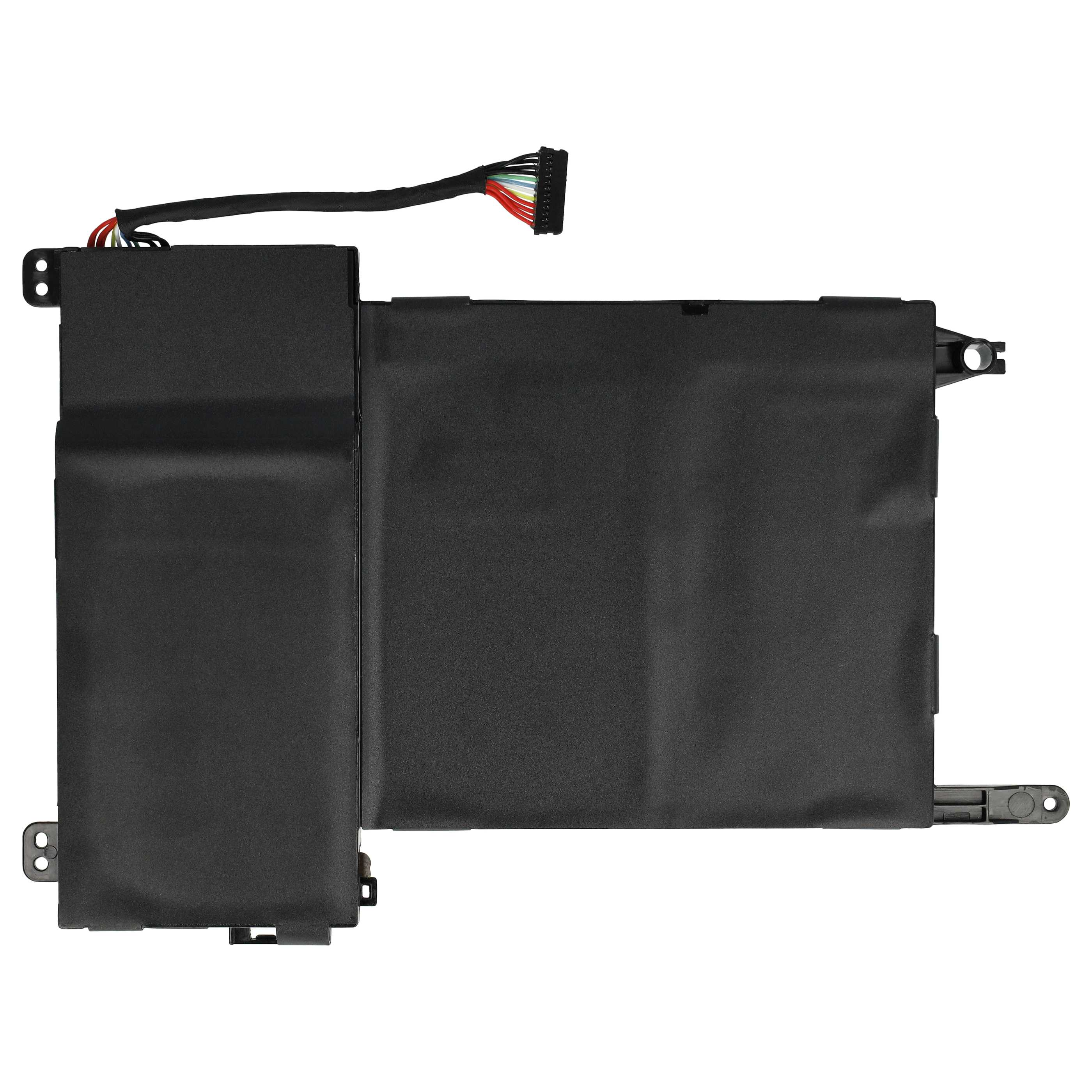 Schwarzer Laptop-Akku mit Stecker. Er hat mehrere farbige Drähte und ein schwarzes Gehäuse, isoliert auf weißem Hintergrund.