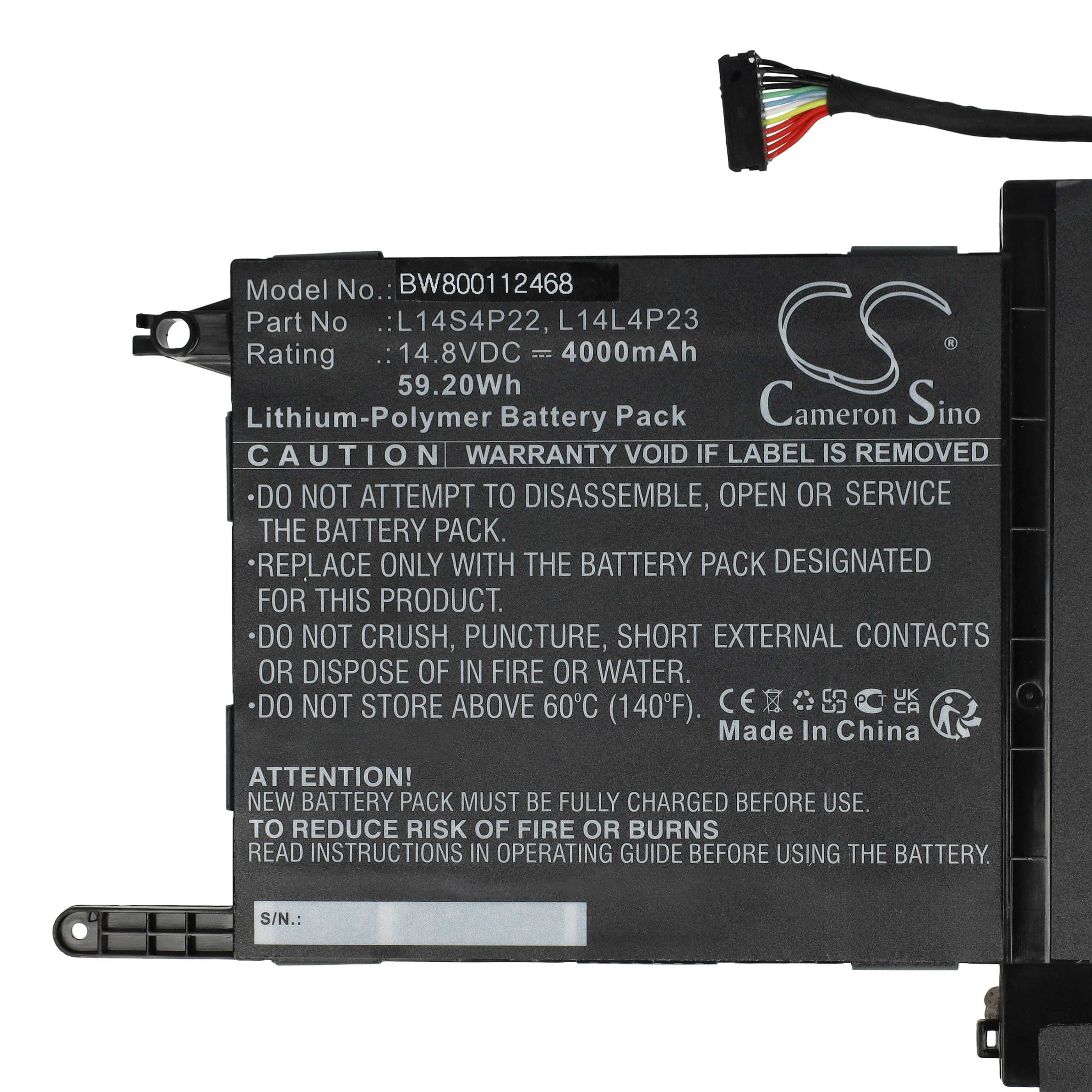 Ein schwarzes Akkupack mit weißem Text. Zeigt Modell, Teilenummer, Bewertung und Sicherheitshinweise. Ein Kabel mit farbigen Drähten ist sichtbar.