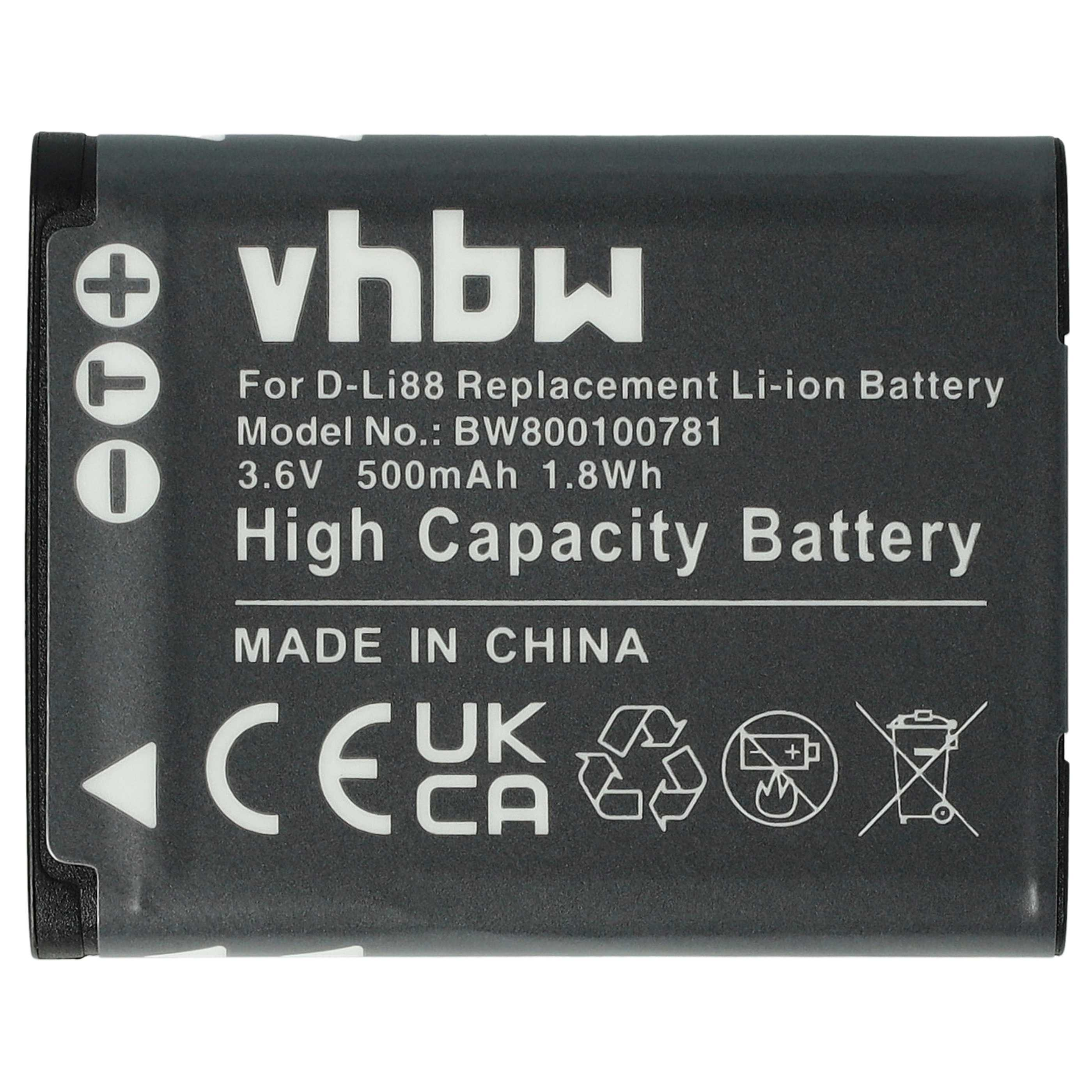 Schwarzer Akku mit weißem Text, beschriftet mit 'vhbw'. Enthält Produktinformationen und Recycling-Symbole.