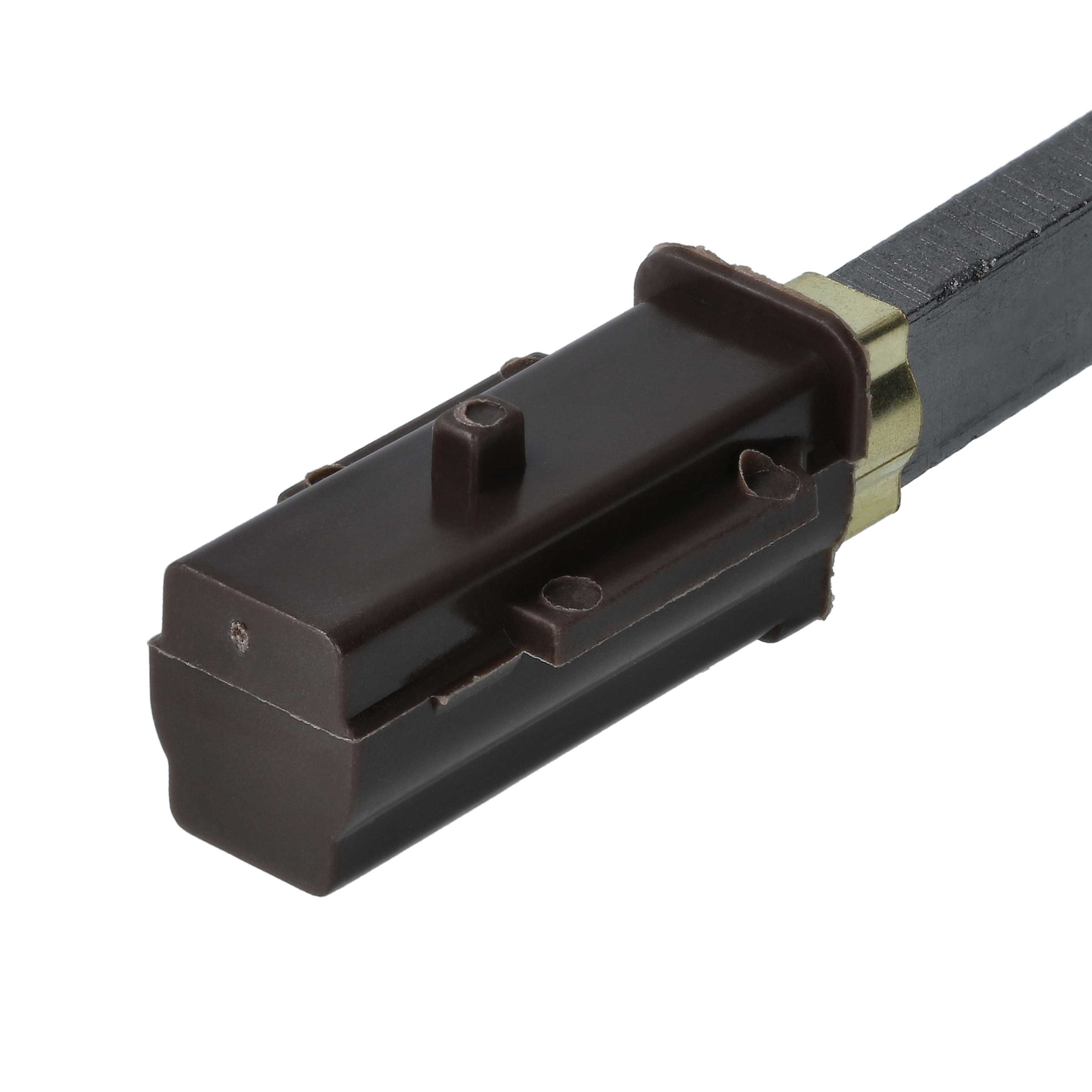 Nahaufnahme einer dunkelbraunen elektrischen Komponente mit rechteckigem Körper und schwarzem, strukturiertem Abschnitt.