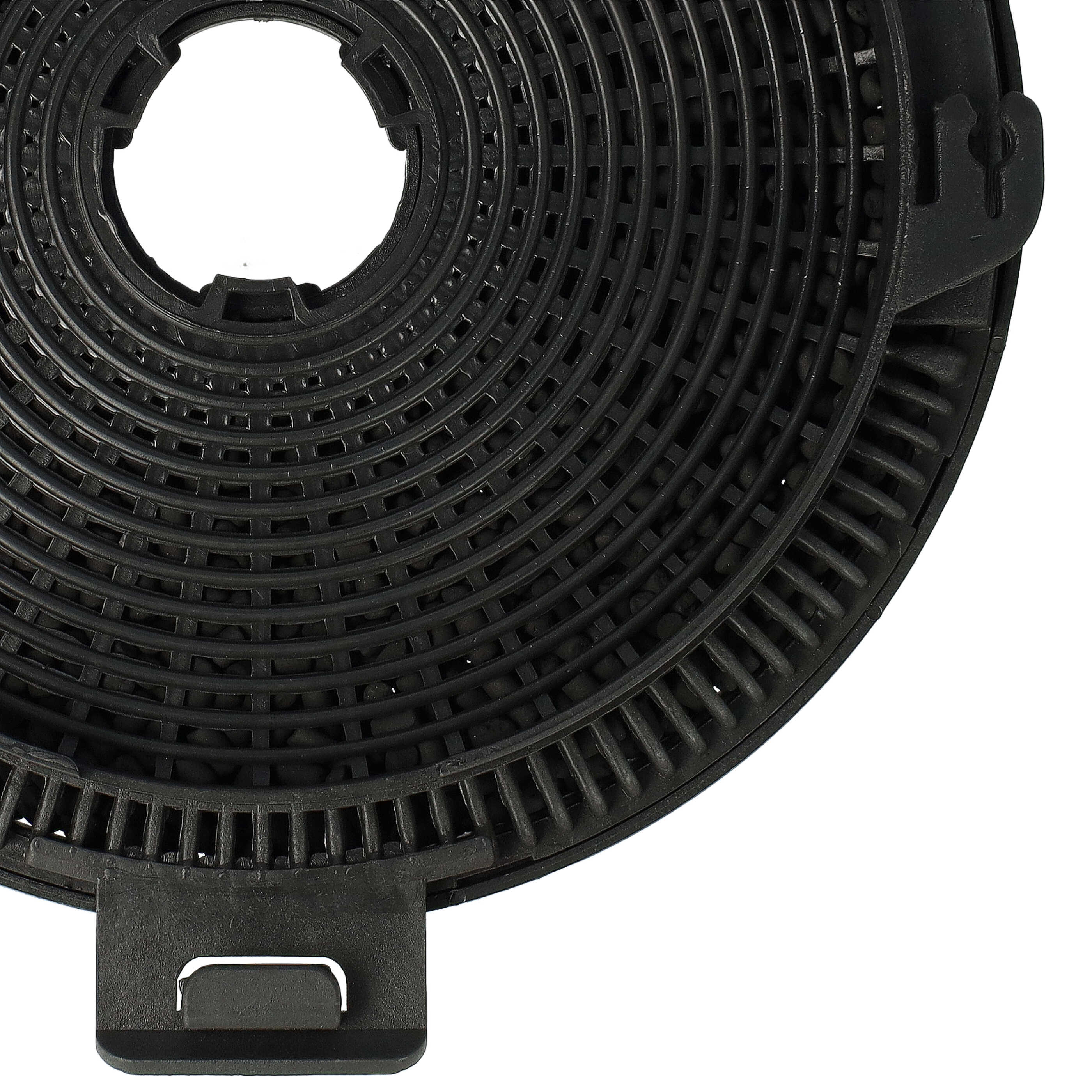 Nahaufnahme eines schwarzen Dunstabzugsfilter mit kreisförmigem Design. Enthält kleine schwarze Granulate. Ein weißer Hintergrund.