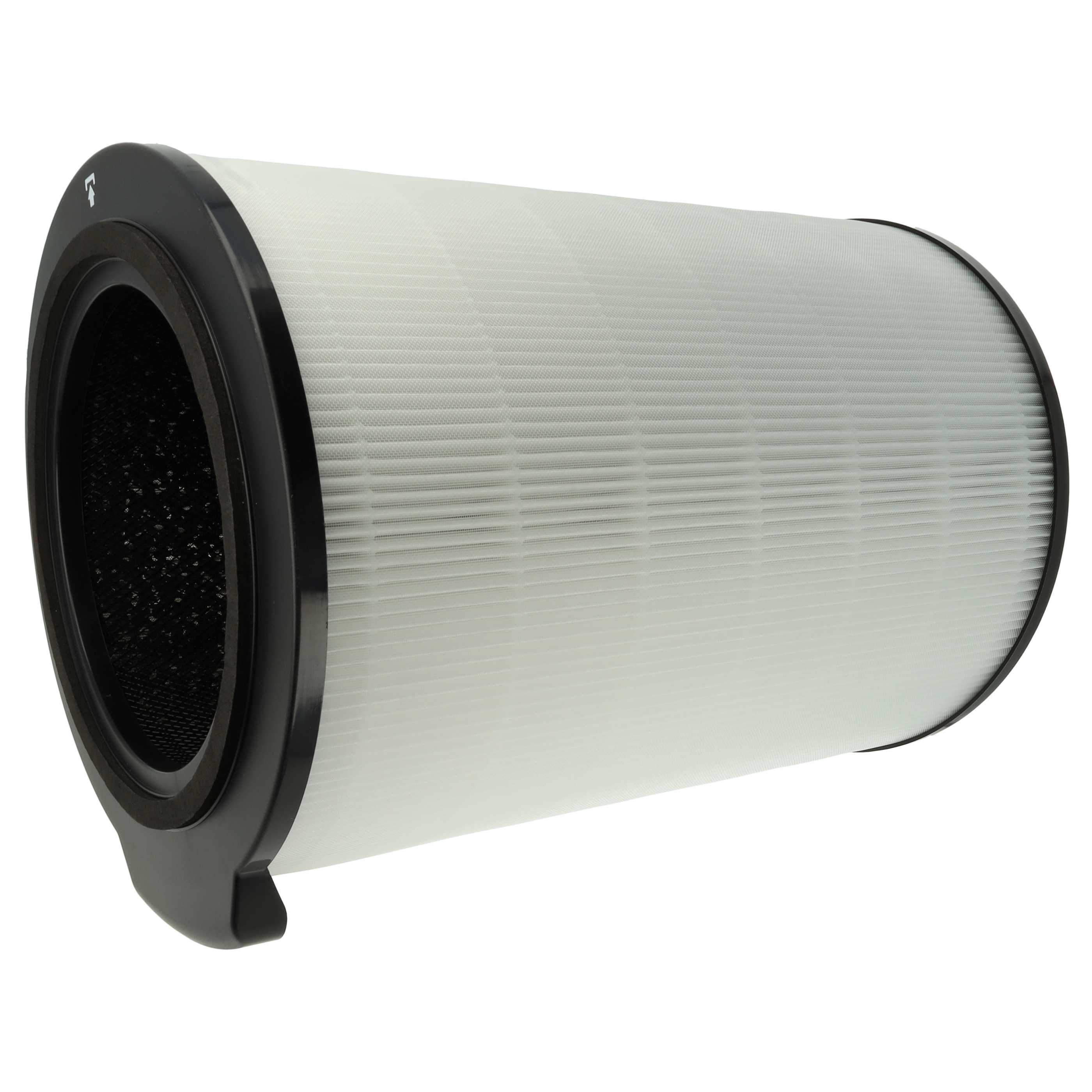 Ein zylindrischer Luftfilter. Er hat einen weißen, plissierten Filter mit schwarzen Kunststoff-Endkappen.