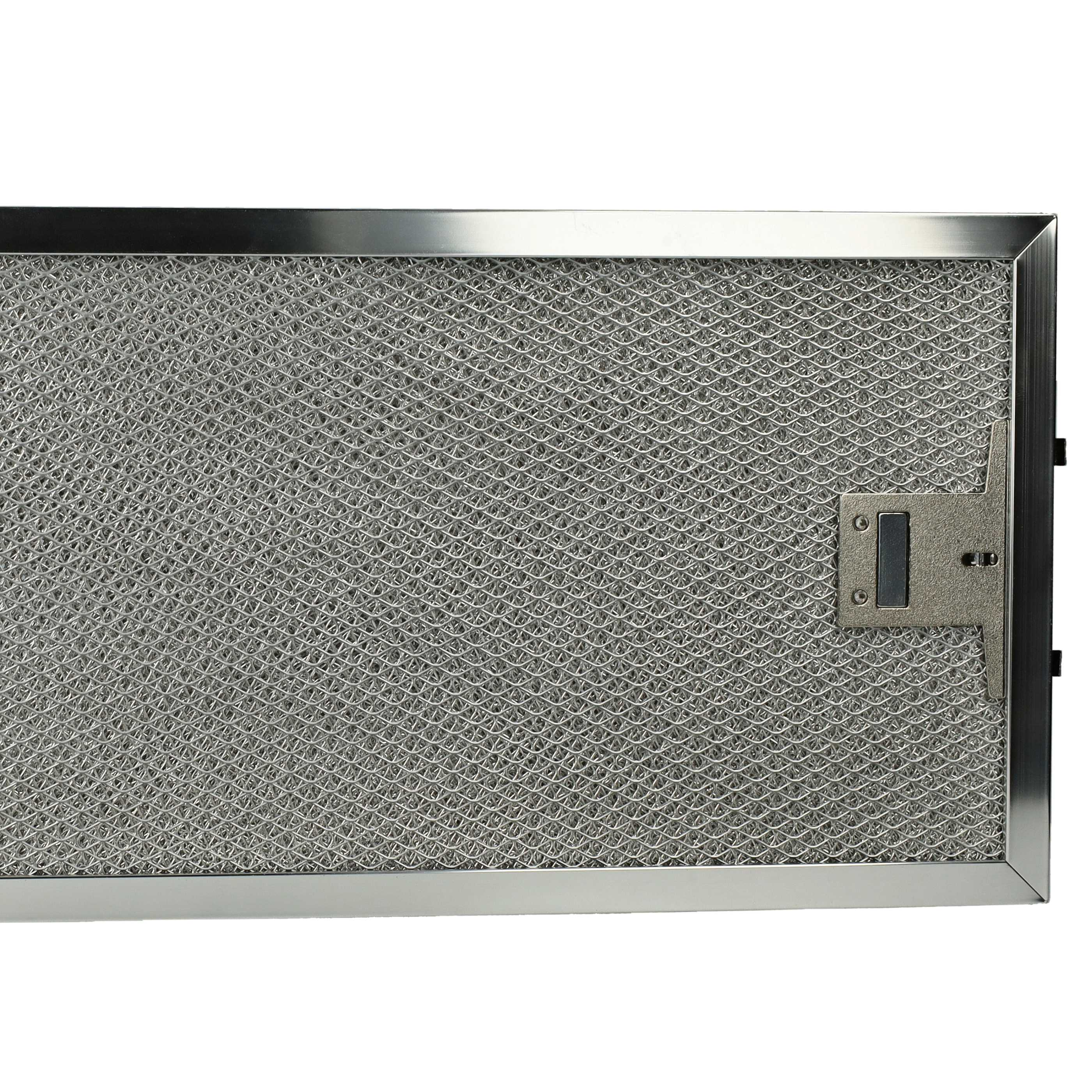 Ein metallischer Dunstabzugsfilter. Es ist ein Netz aus verflochtenen Metallstreifen, eingerahmt in glänzendem Metall.