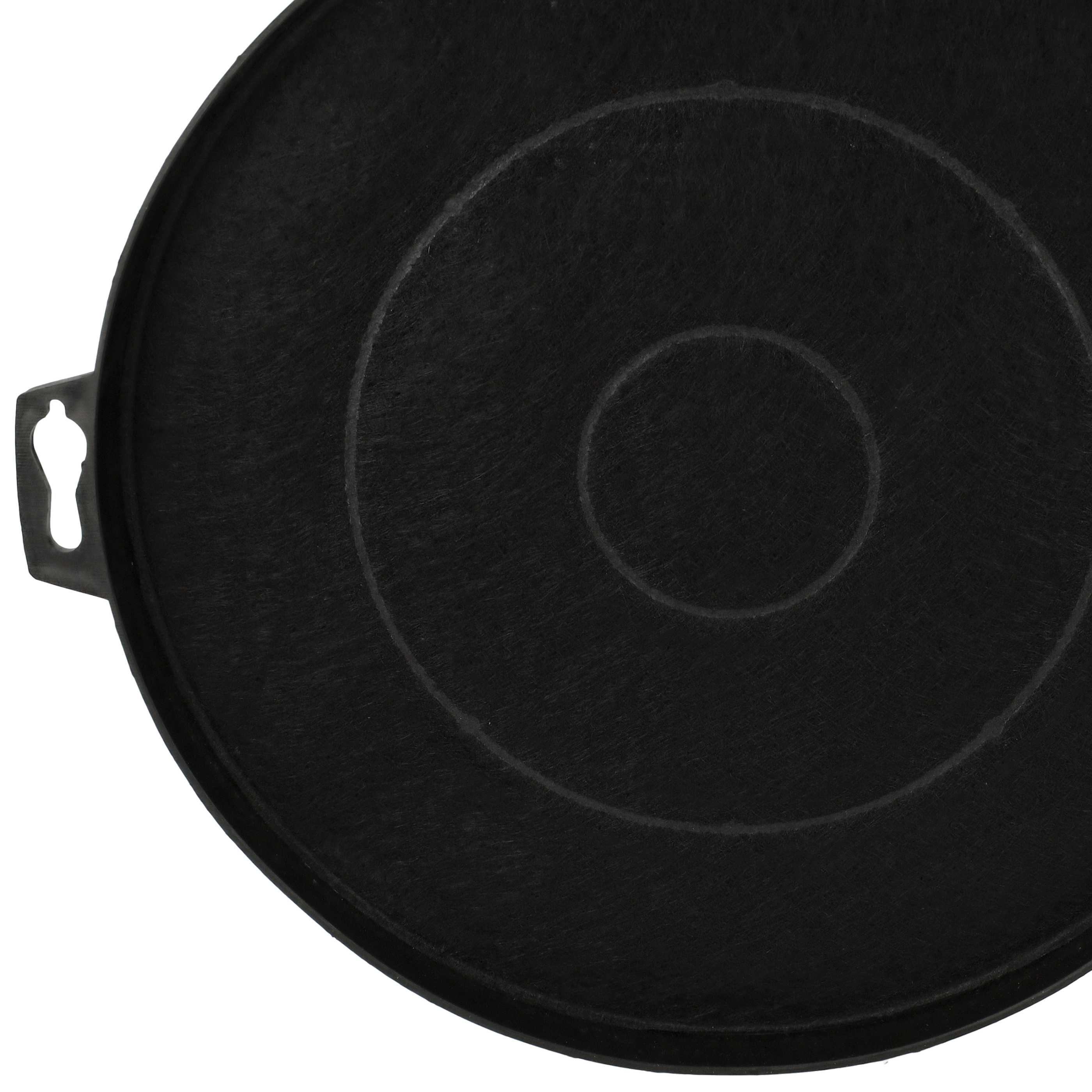 Ein rundes schwarzes Objekt, möglicherweise ein Filter, vor weißem Hintergrund. Es hat konzentrische Kreise.