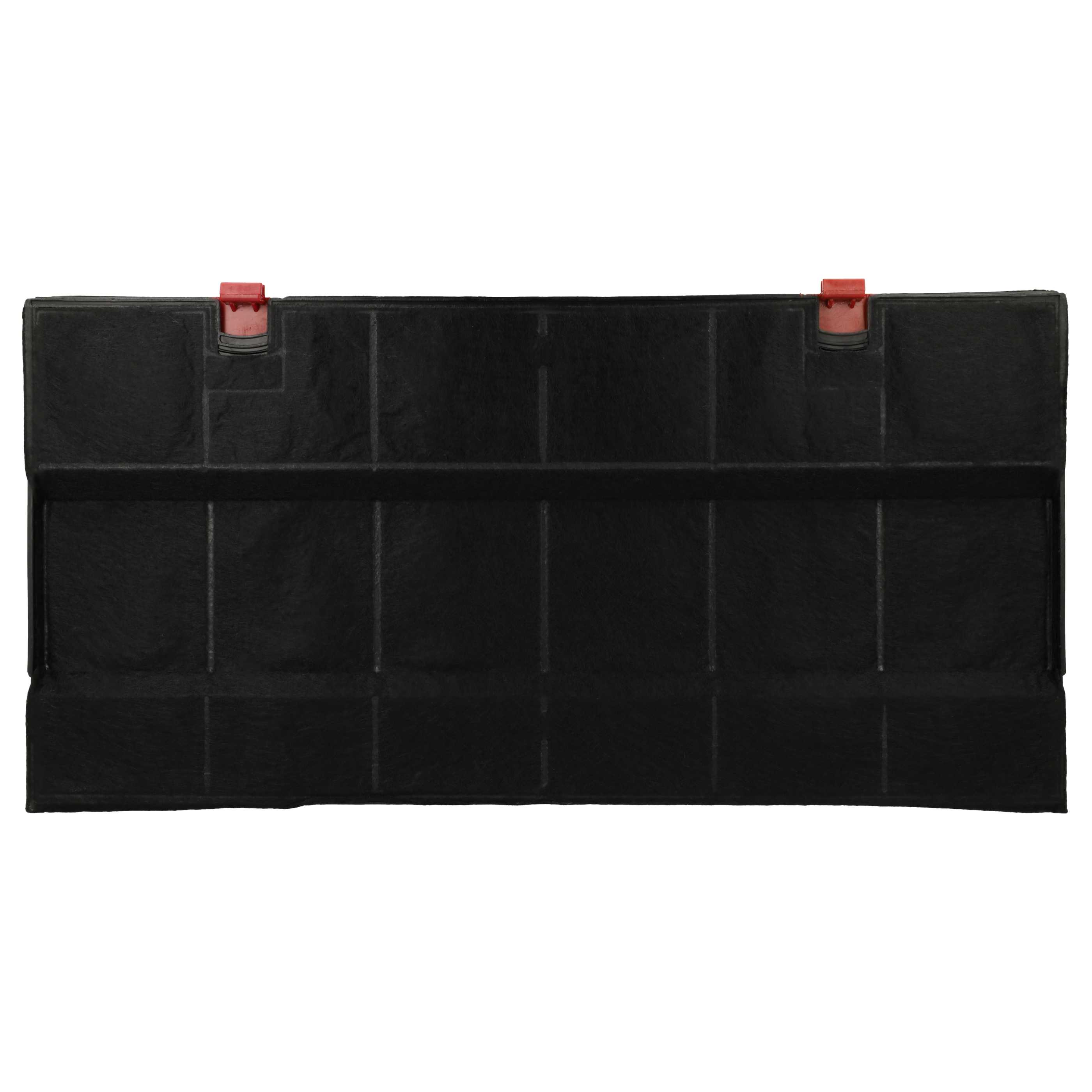 Ein rechteckiger schwarzer Filter mit roten Clips oben, vor weißem Hintergrund.