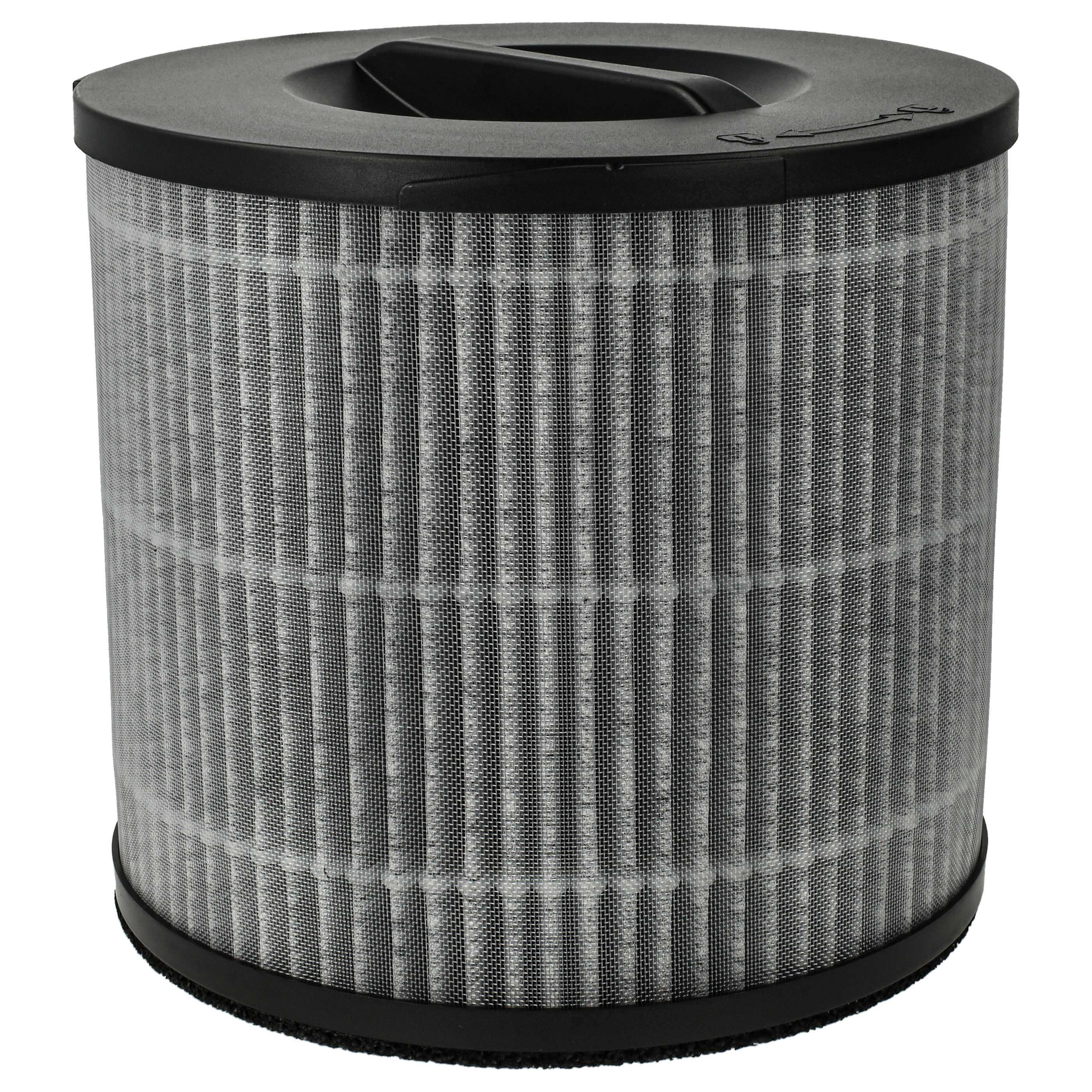 Zylindrischer Luftfilter mit schwarzem oberen und unteren Rand. Das Filtermaterial ist grau und hat vertikale Linien.