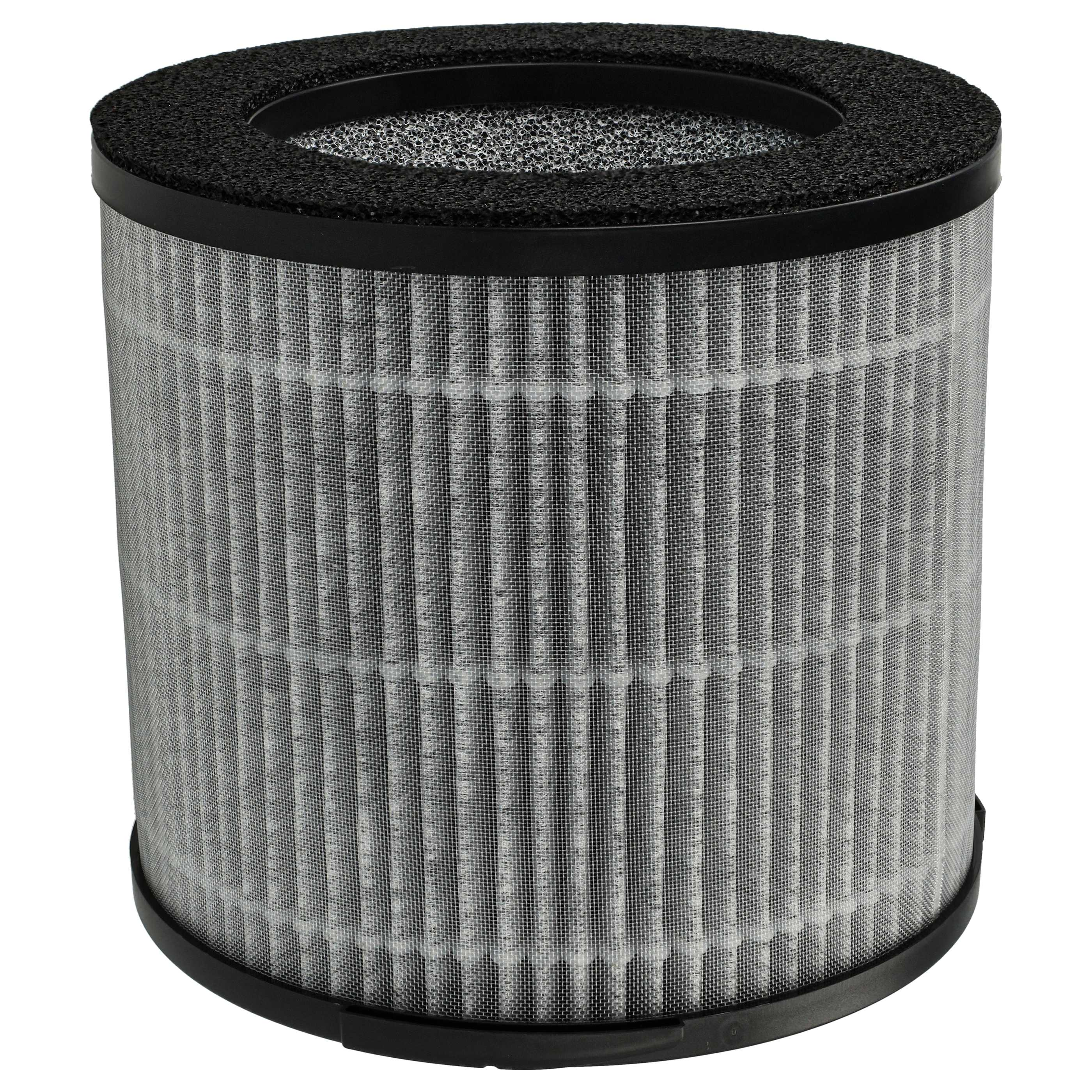 Zylindrischer Luftfilter. Schwarze obere und untere Ränder. Graue Maschenseiten, schwarze schwammige Oberseite. Weißer Hintergrund.