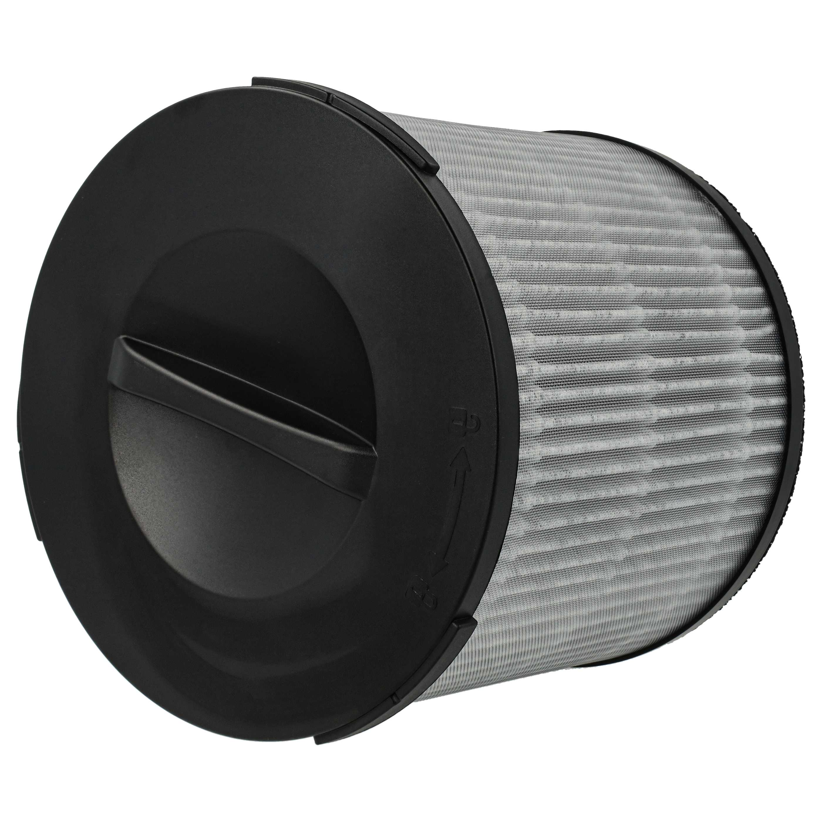 Ein schwarzer zylindrischer Filter mit einem grauen, plissierten Filter im Inneren. Ein Ende hat eine schwarze Kappe mit Griff.