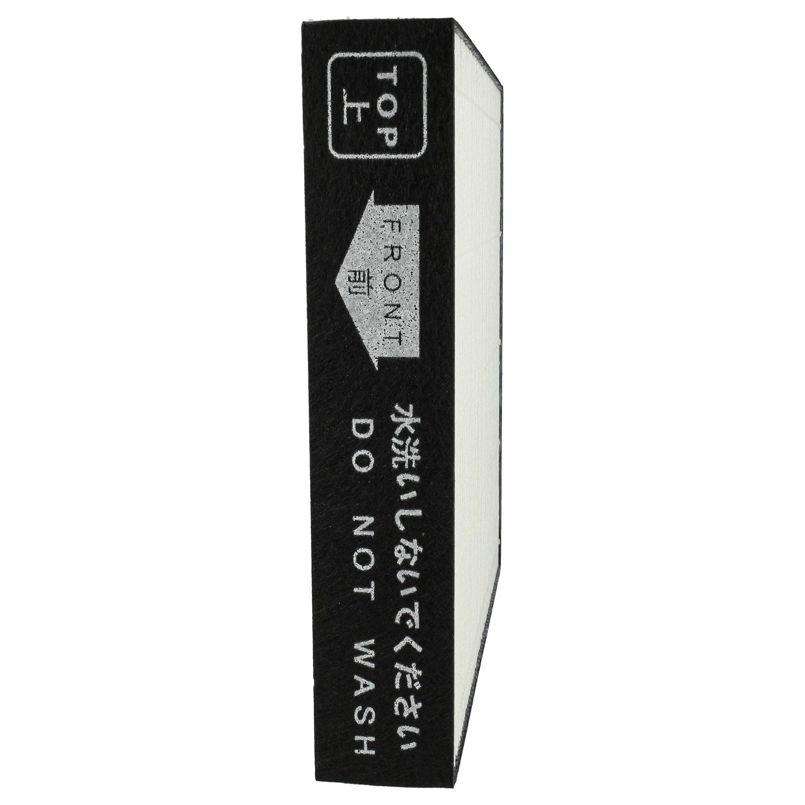 Luftfilter mit Aufschriften "TOP" und "FRONT". Japanischer Text: "Nicht waschen". Schwarze Seite, weißer Filter, weißer Hintergrund.