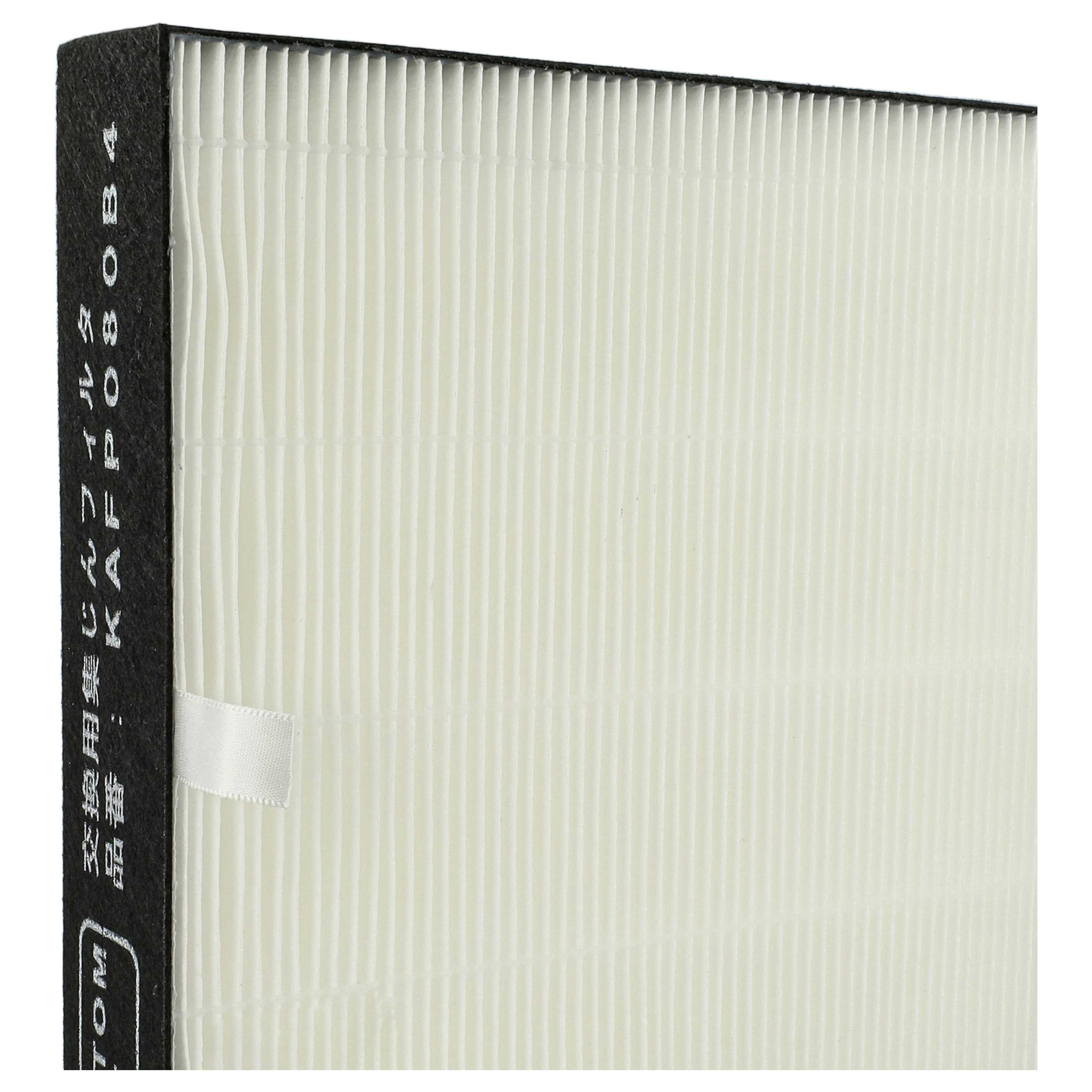 Luftfilter mit weißem, plissiertem Material. Schwarzer Rahmen mit japanischem Text und weißem Band.