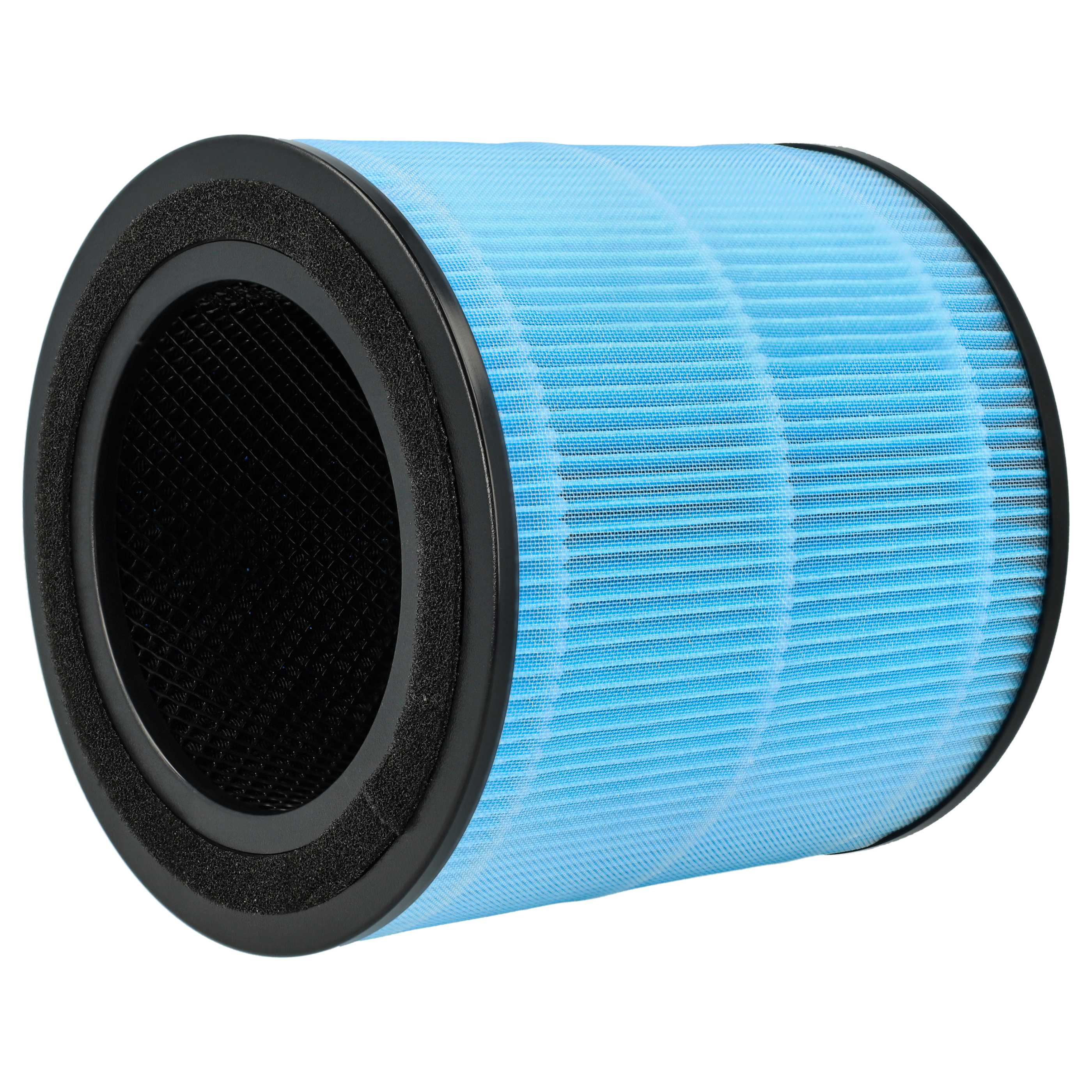 Luftfilter mit blauem Faltenfilter und schwarzem Rahmen. Der Filter ist zylindrisch und auf weißem Hintergrund isoliert.