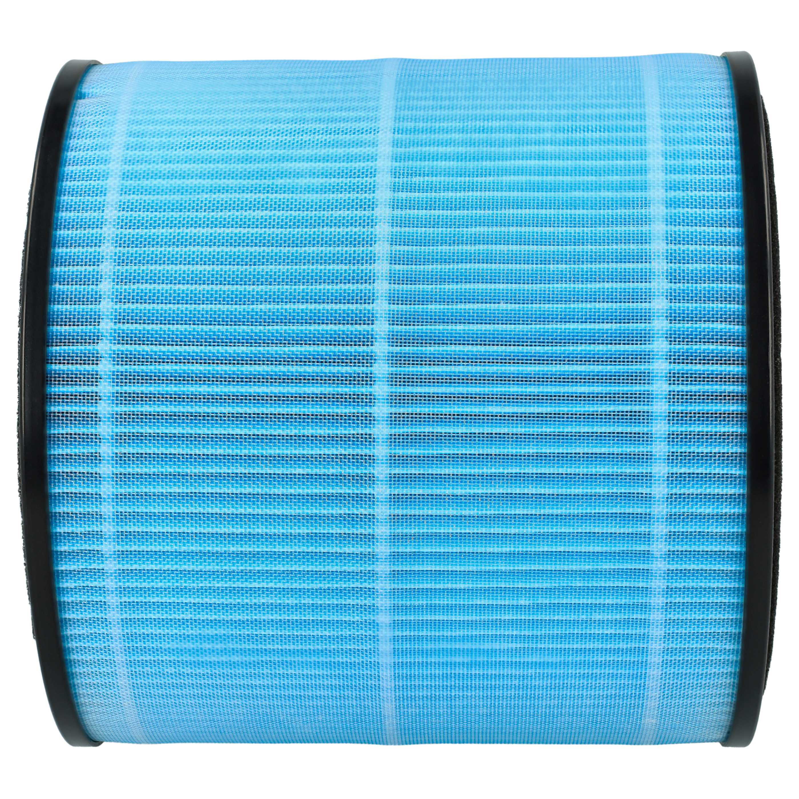 Ein zylindrischer Luftfilter mit blauem Netzinnenraum und schwarzen Kanten. Das Netz hat horizontale Linien.