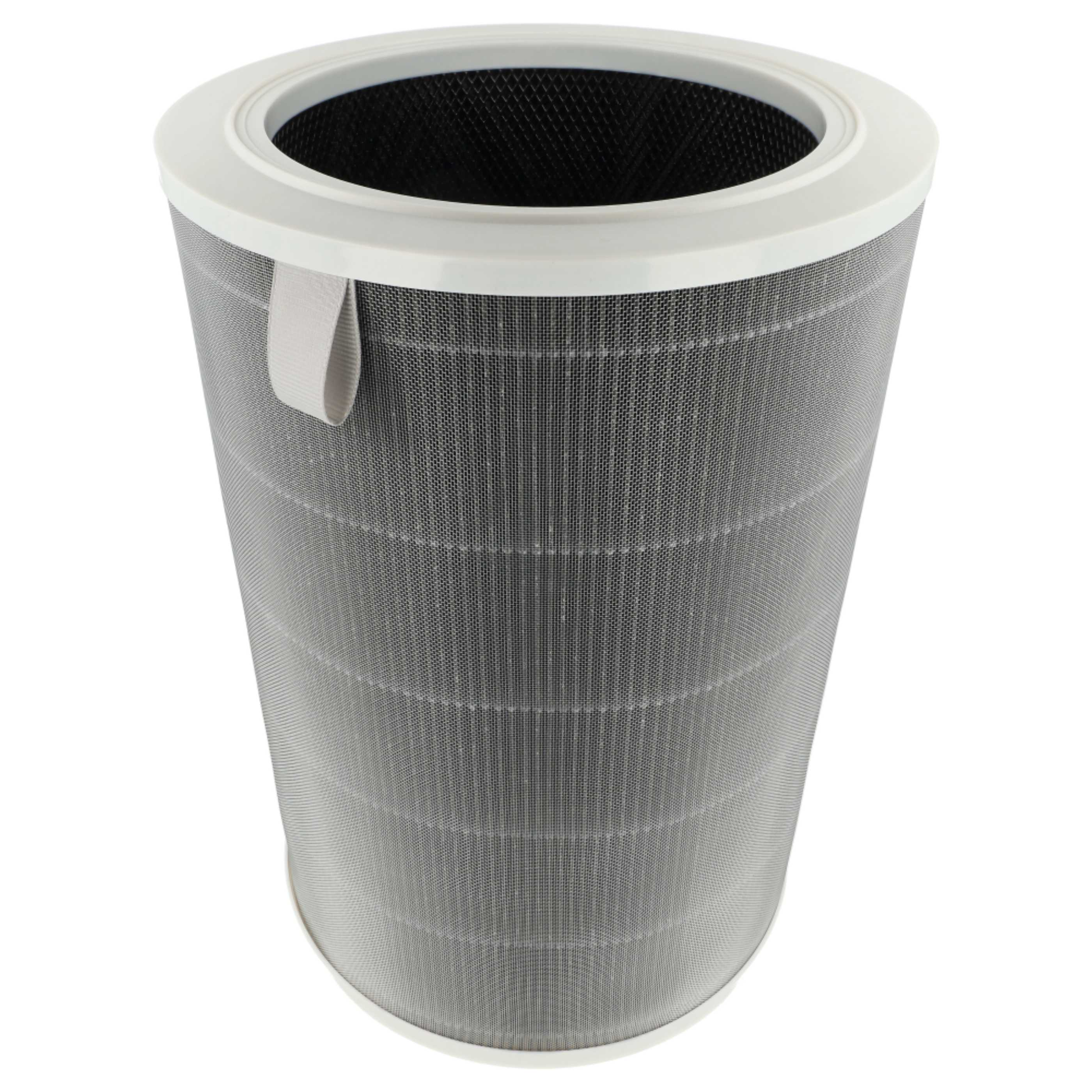 Luftfilter mit zylindrischer Form. Der Filter ist hellgrau, mit weißem Rand oben. Ein weißer Hintergrund.
