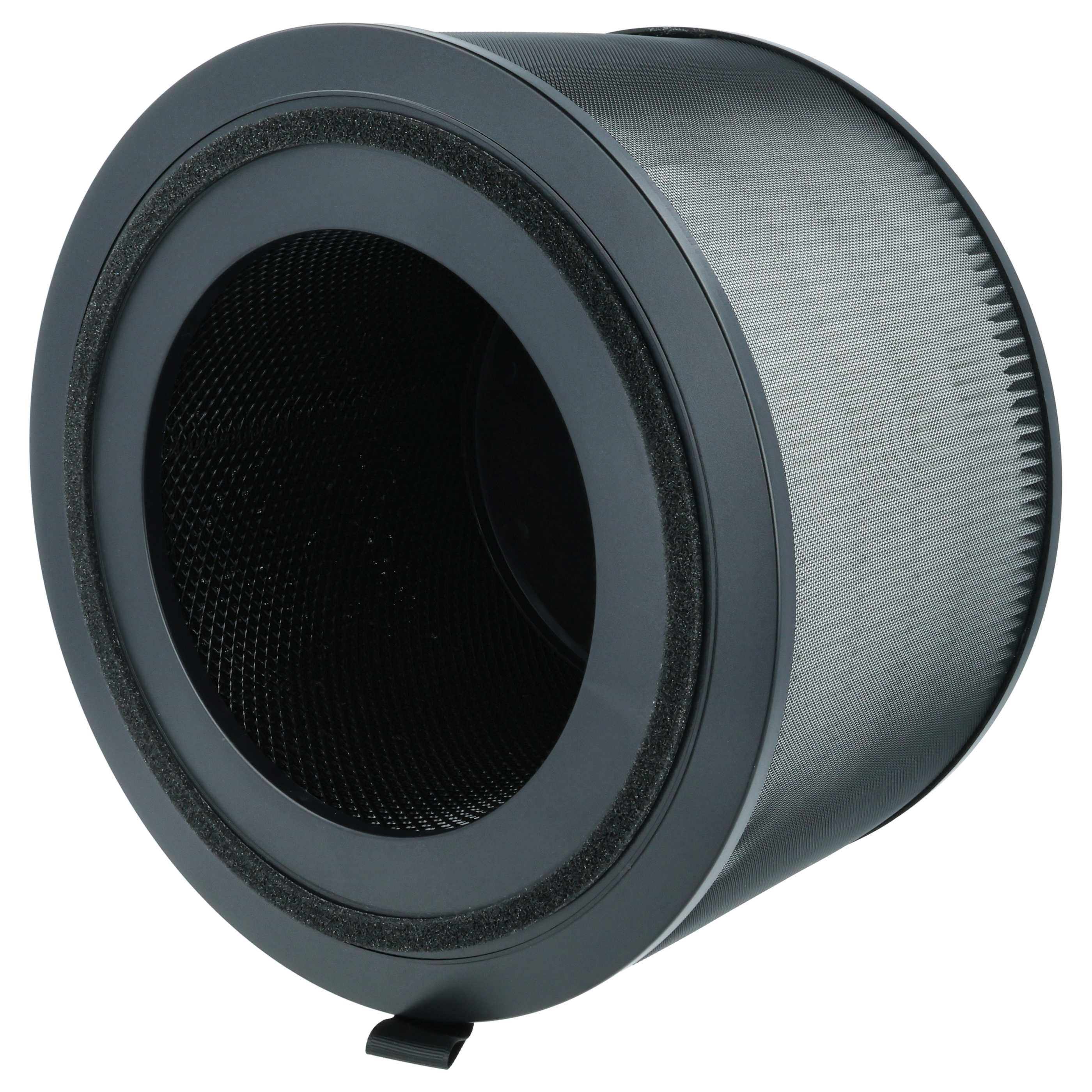 Ein zylindrischer Luftfilter mit schwarzem Rahmen und Netz. Der Filter hat eine dunkle Innenseite und eine kleine schwarze Lasche.