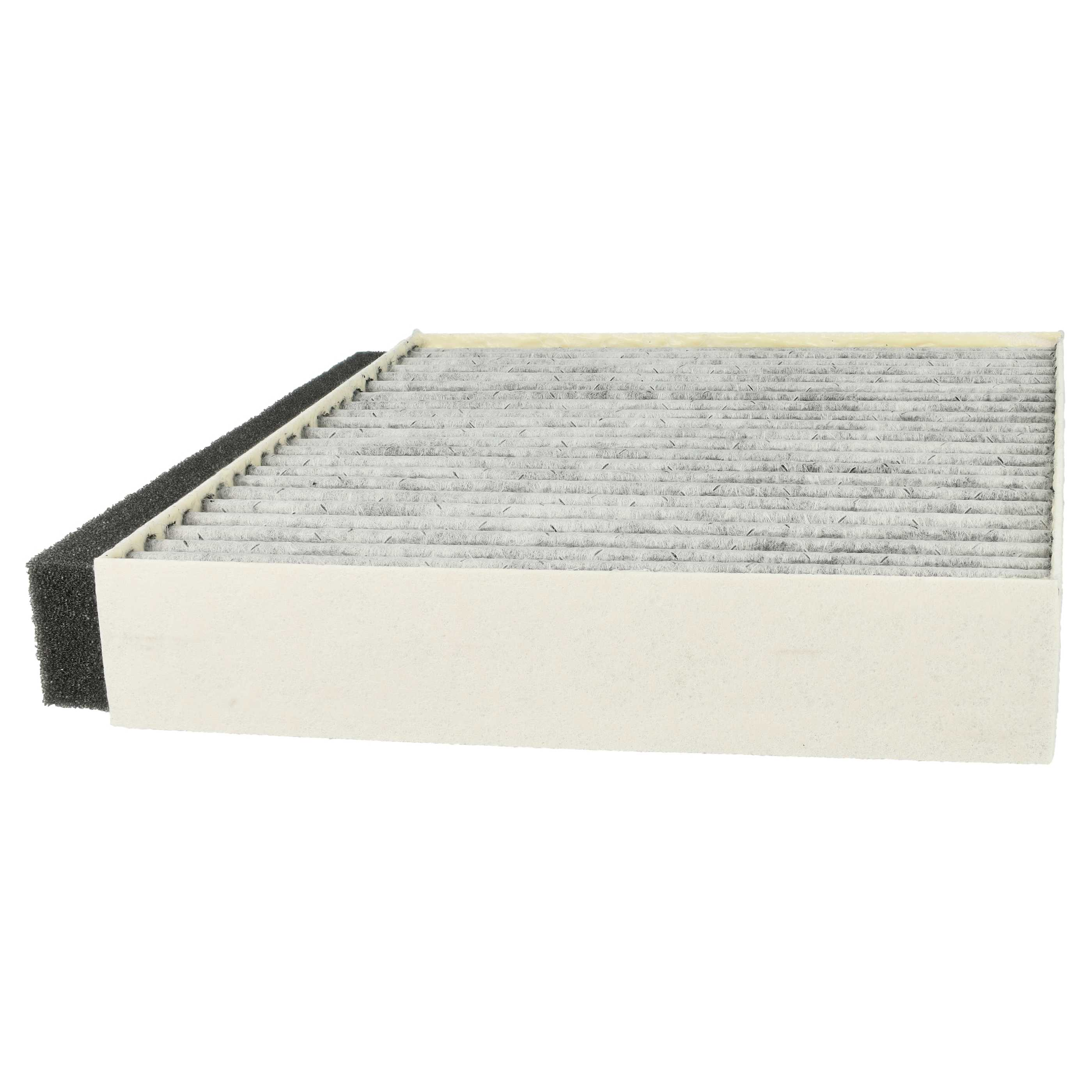 Ein rechteckiger Luftfilter mit grauem Filtermaterial in einem weißen Rahmen und einem schwarzen Schaumstoffrand.