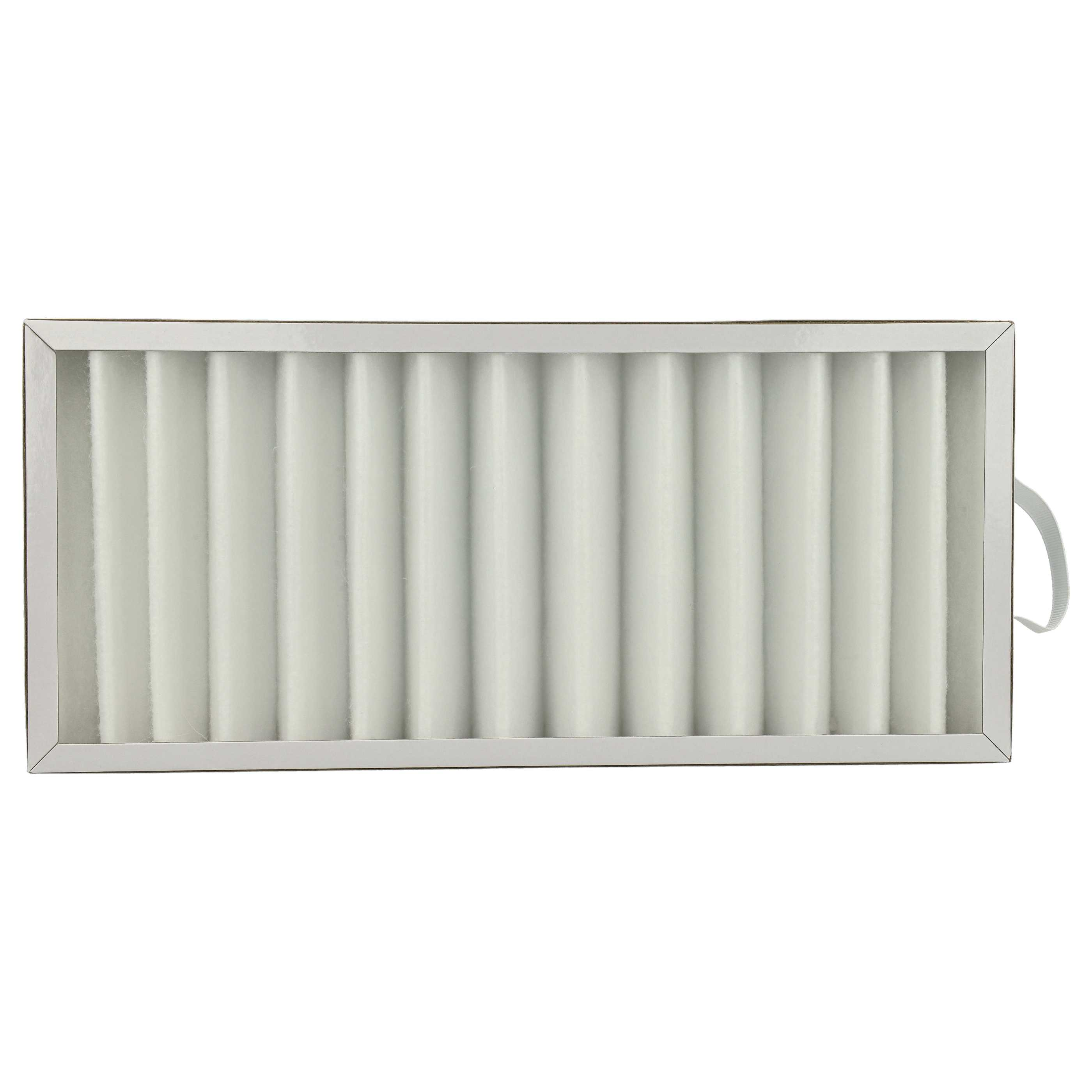 Ein Luftfilter mit weißem, gefaltetem Filtermedium in einem rechteckigen Rahmen. Er hat einen Griff.