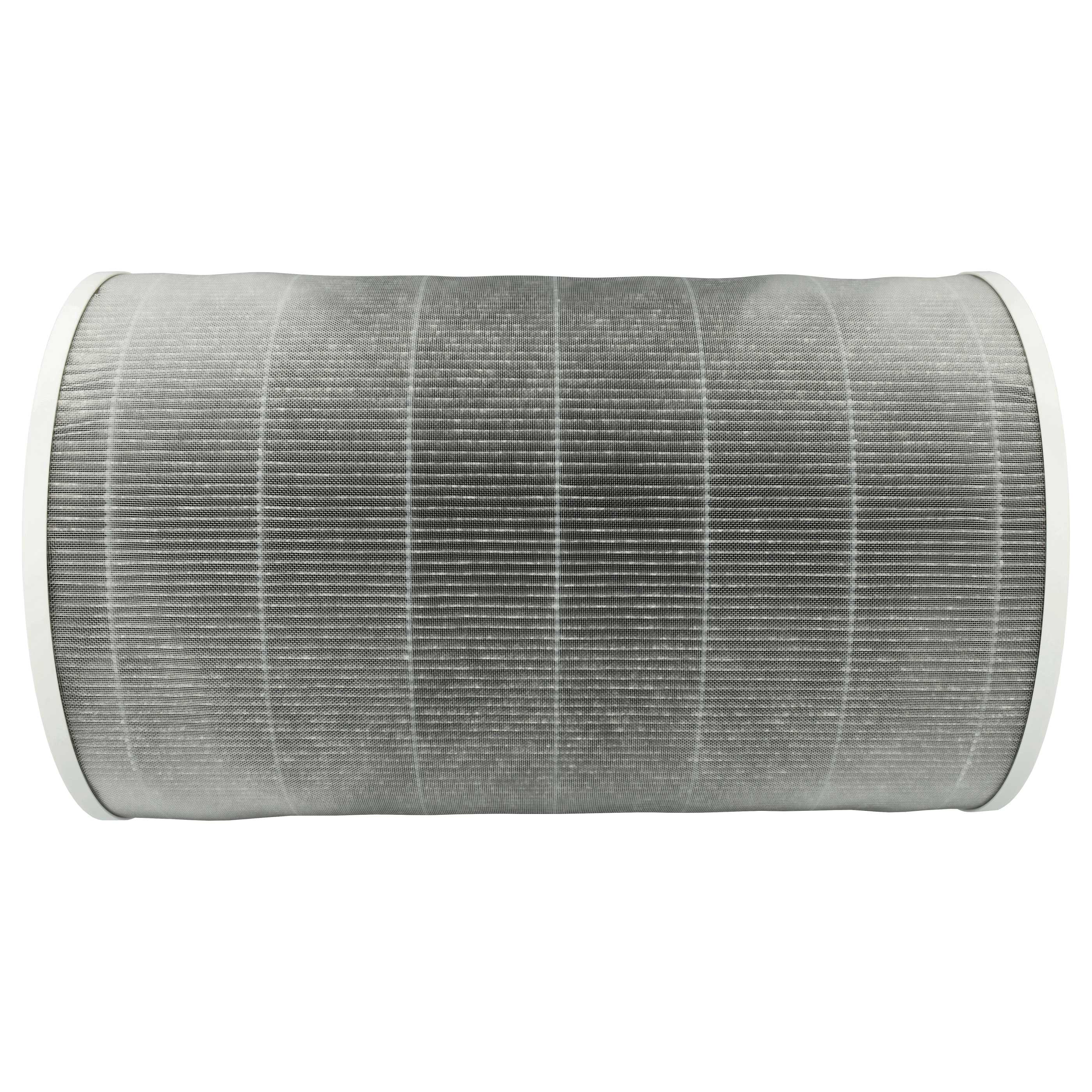 Ein zylindrischer Luftfilter mit einem metallischen Netzwerkkern und weißen Endkappen, isoliert auf weißem Hintergrund.