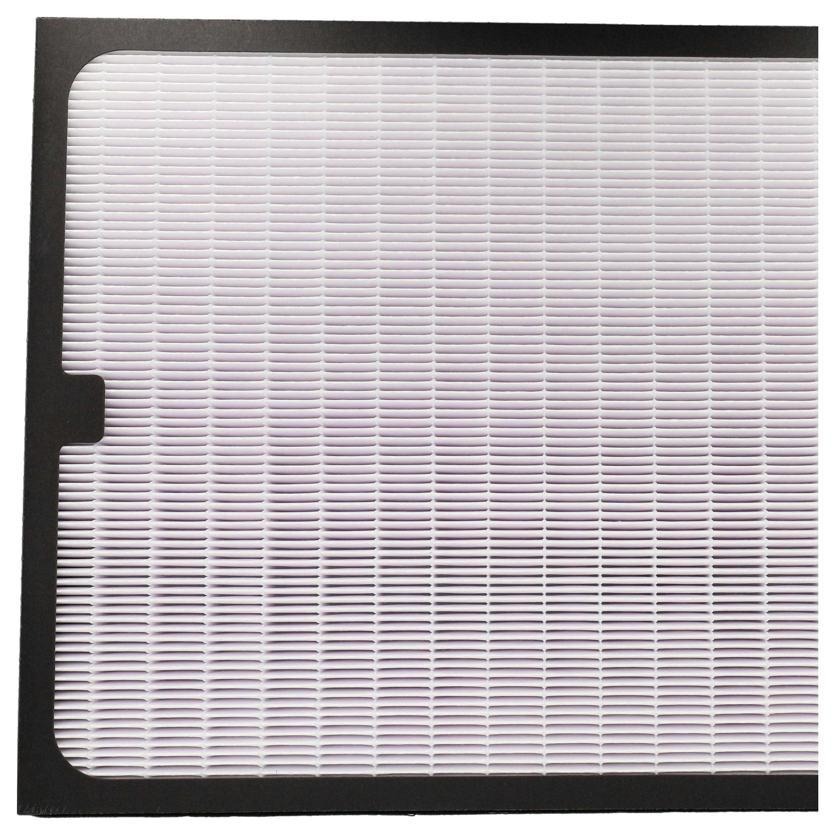 Nahaufnahme eines Luftfilters mit schwarzem Rahmen. Der Filter ist weiß mit horizontalen, parallelen Rippen.
