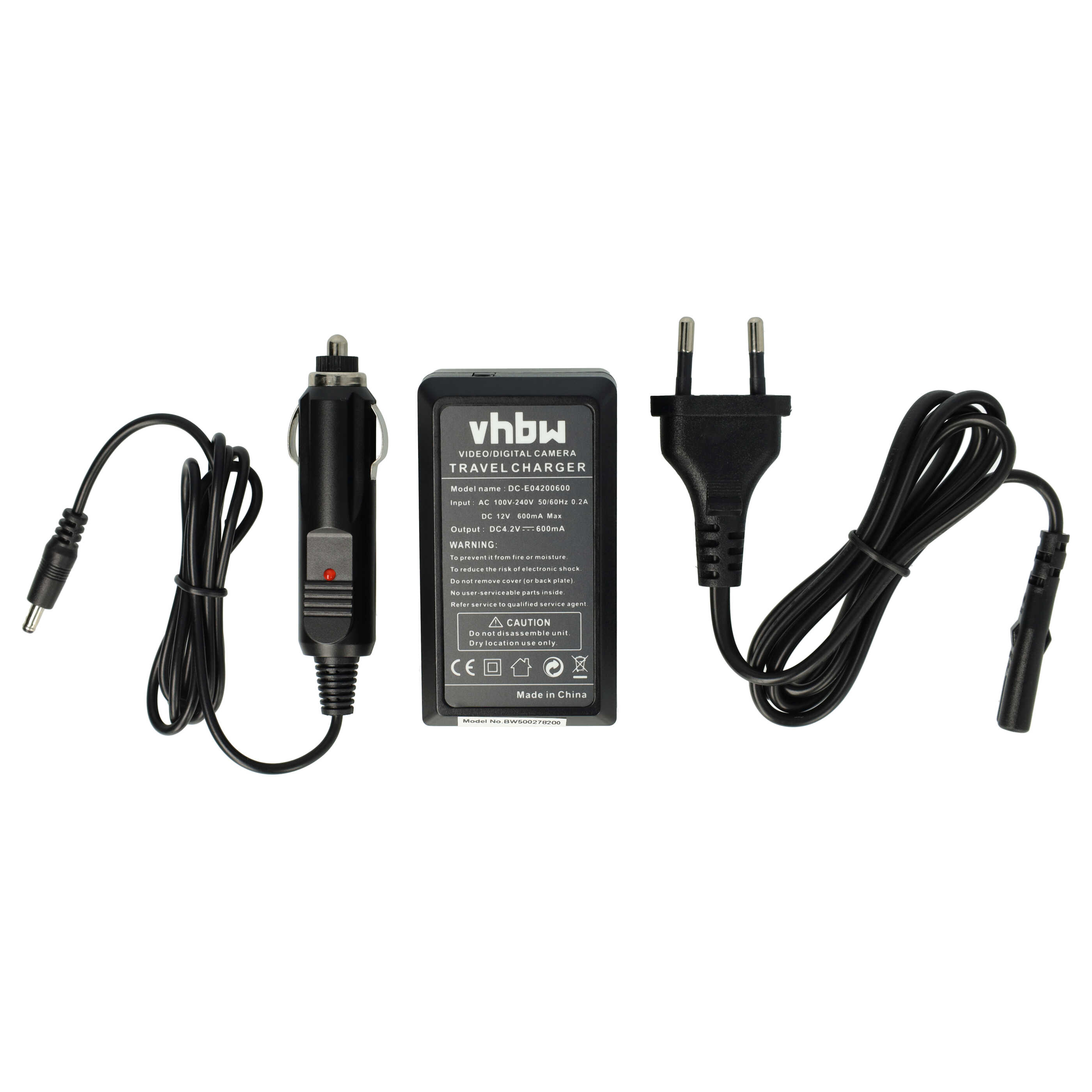 Reiseladegerät-Kit mit Autoadapter, Ladegerät und Netzstecker, alles schwarz. Das Ladegerät zeigt Produktinfos an.