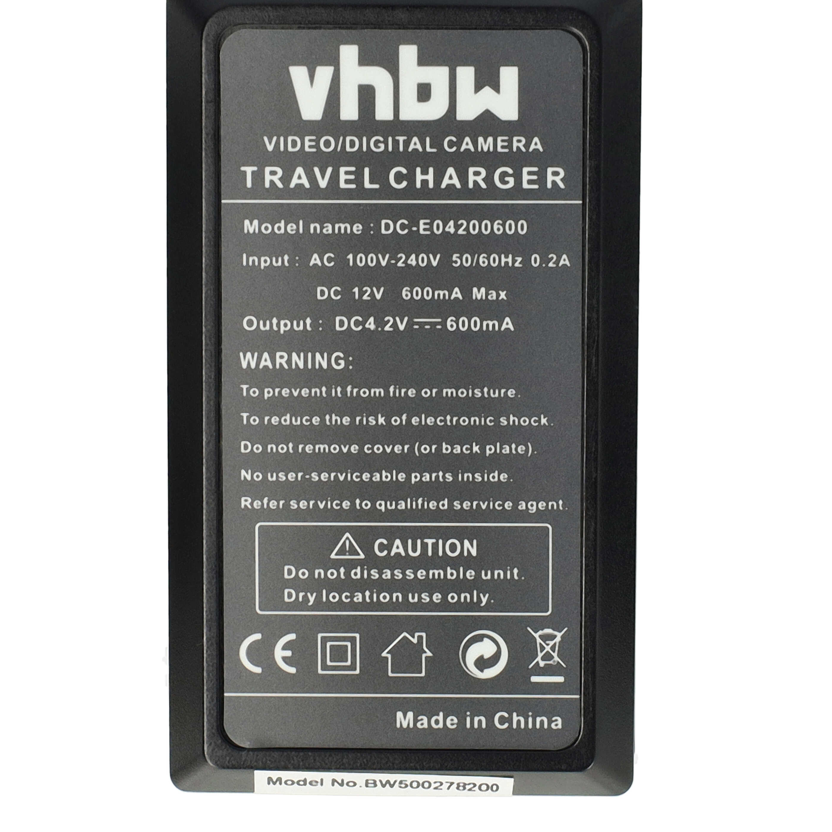 Schwarzes Reise-Ladegerät mit weißem Text. Es hat ein vhbw-Logo und technische Daten. Hergestellt in China.