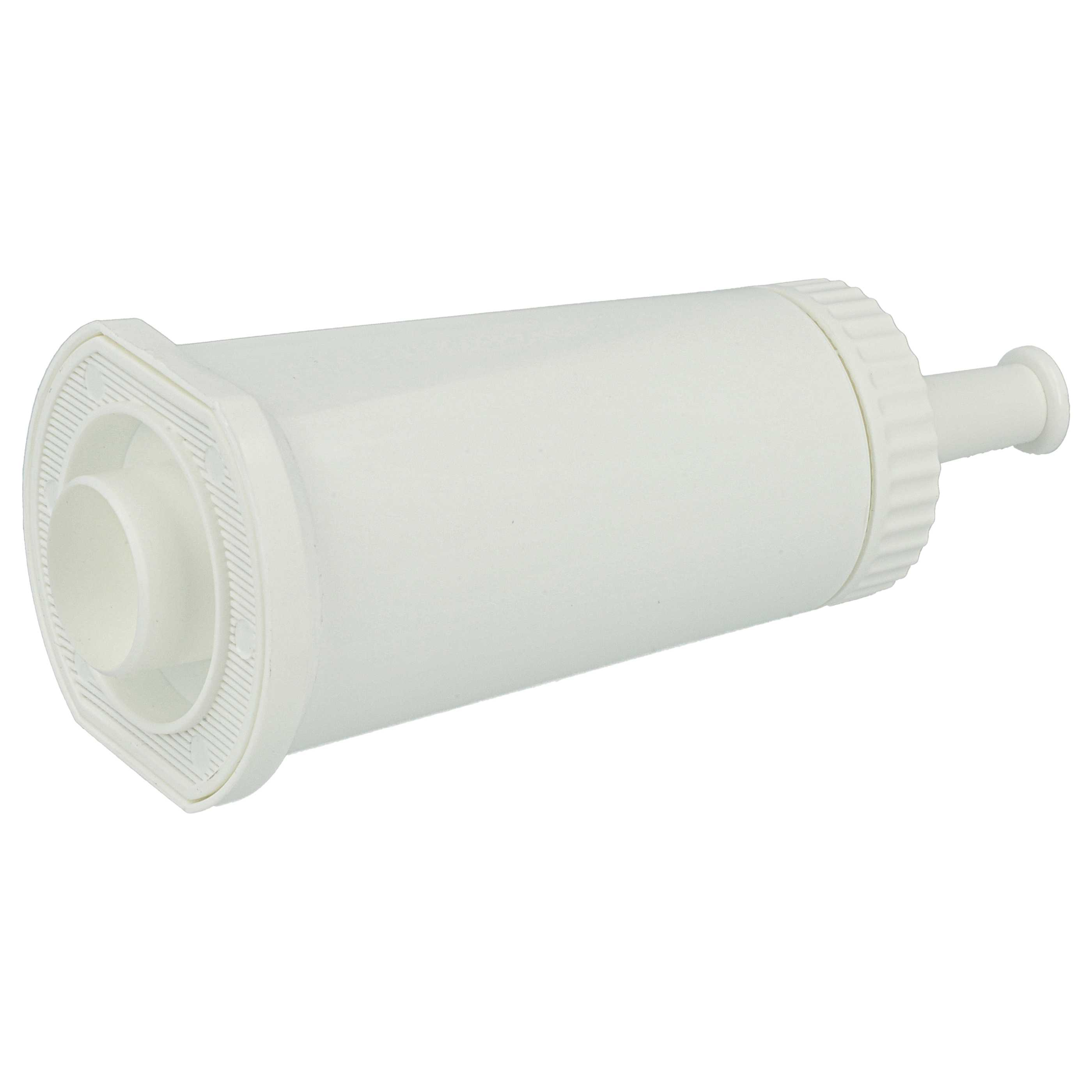 Eine weiße Wasserfilterpatrone. Sie ist zylindrisch mit einem geriffelten Ende und einem kleinen Griff.