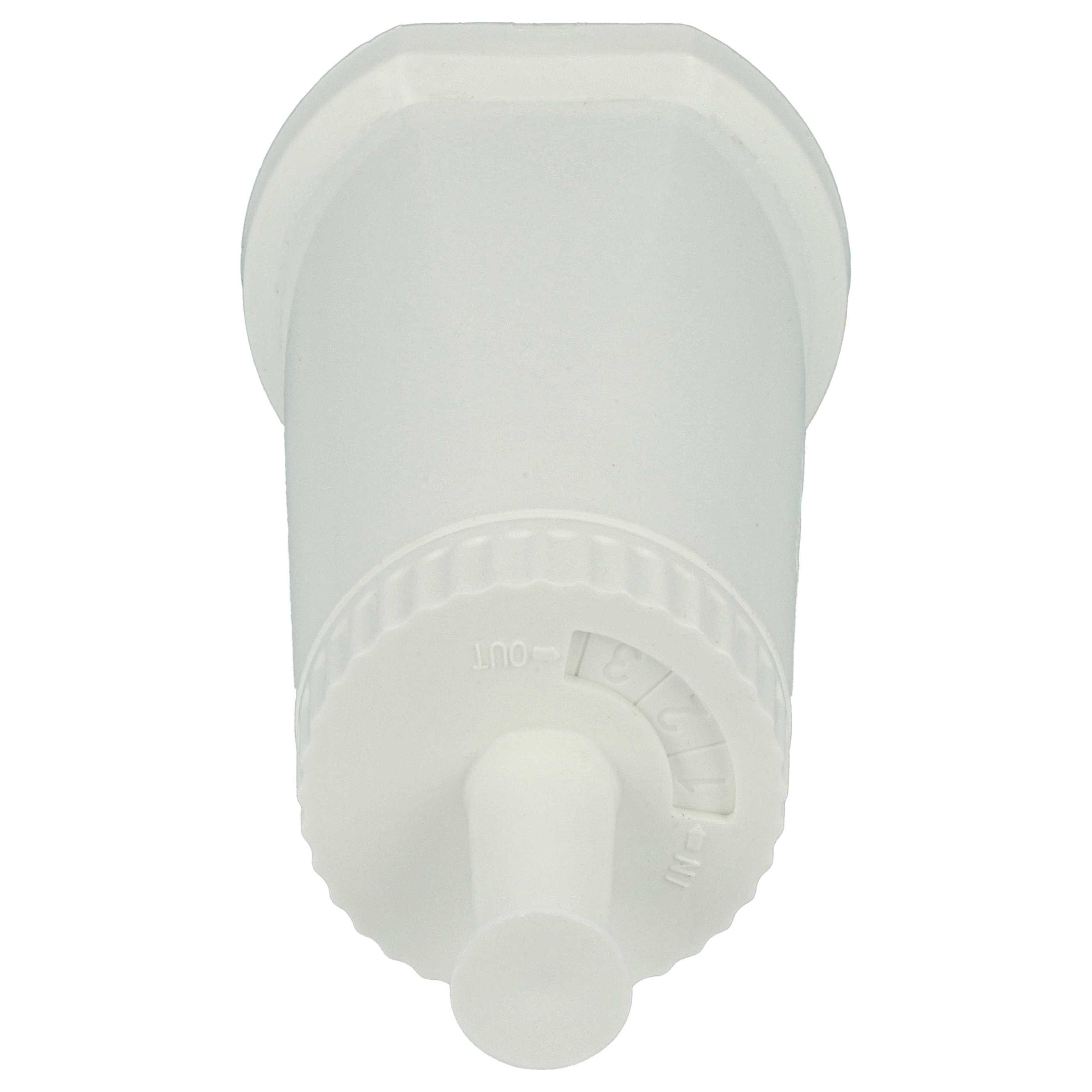 Ein weißer Wasserfilter mit einem Zifferblatt. Das Zifferblatt hat Zahlen und Pfeile. Der Filter hat eine 'IN'- und eine 'OUT'-Markierung.