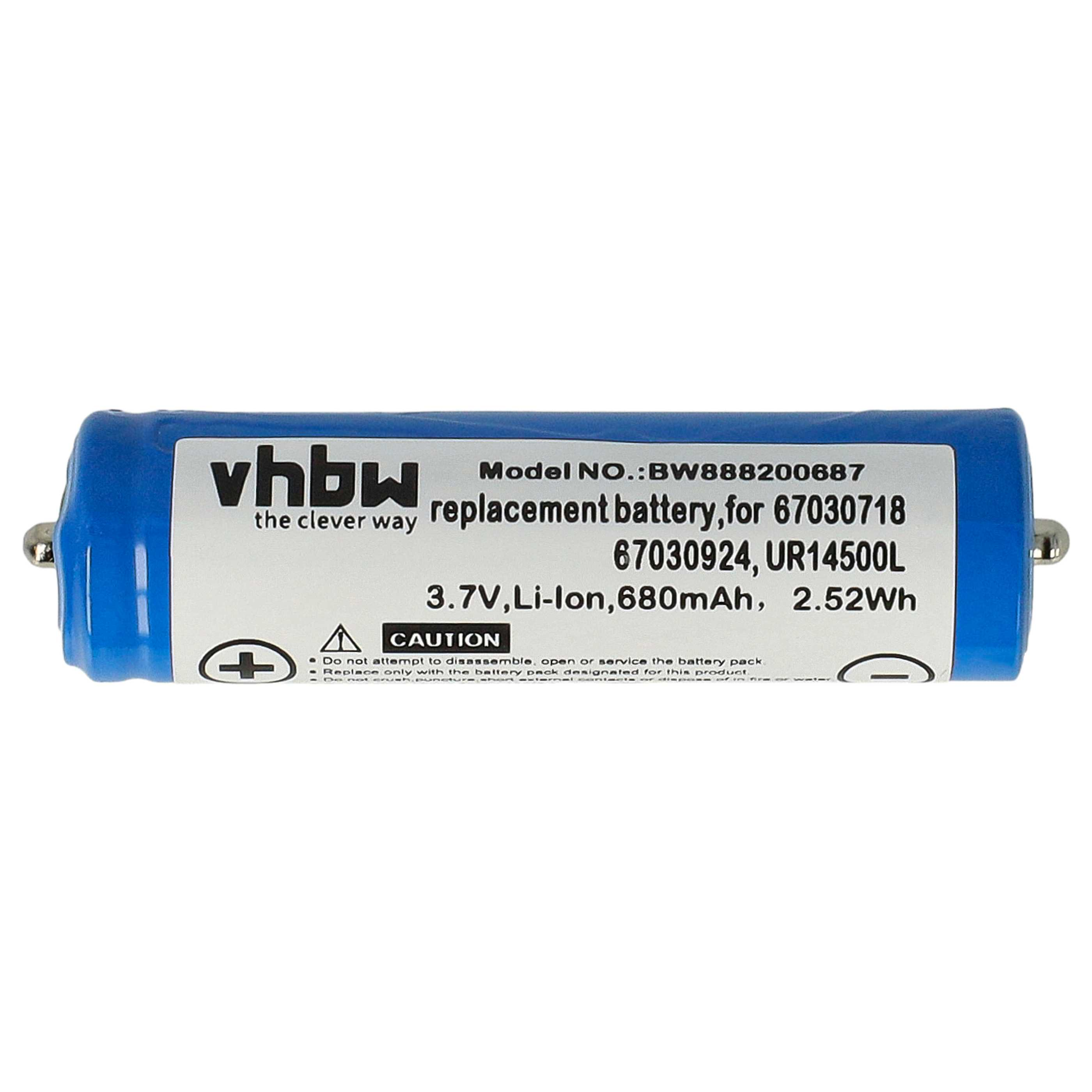 Blaue zylindrische Batterie mit weißem Etikett. Text enthält 'vhbw', '3,7V' und Modellinformationen. Plus- und Minuszeichen sind sichtbar.
